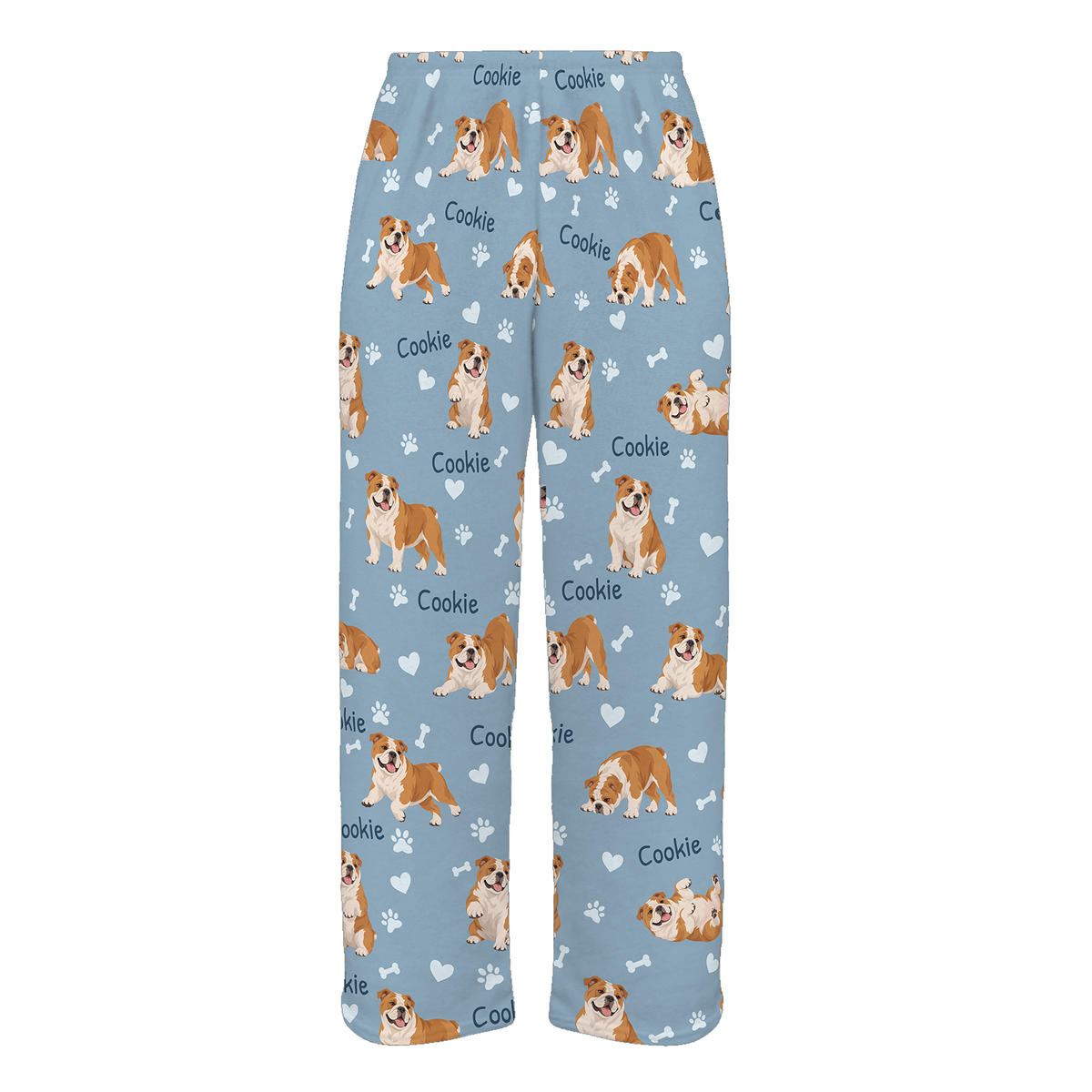 Personalized Bulldog Pajama Pants, Custom Pet Name Fleece Trousers, Dog Lover Gift — 02 Dusty Blue — full-trouser view