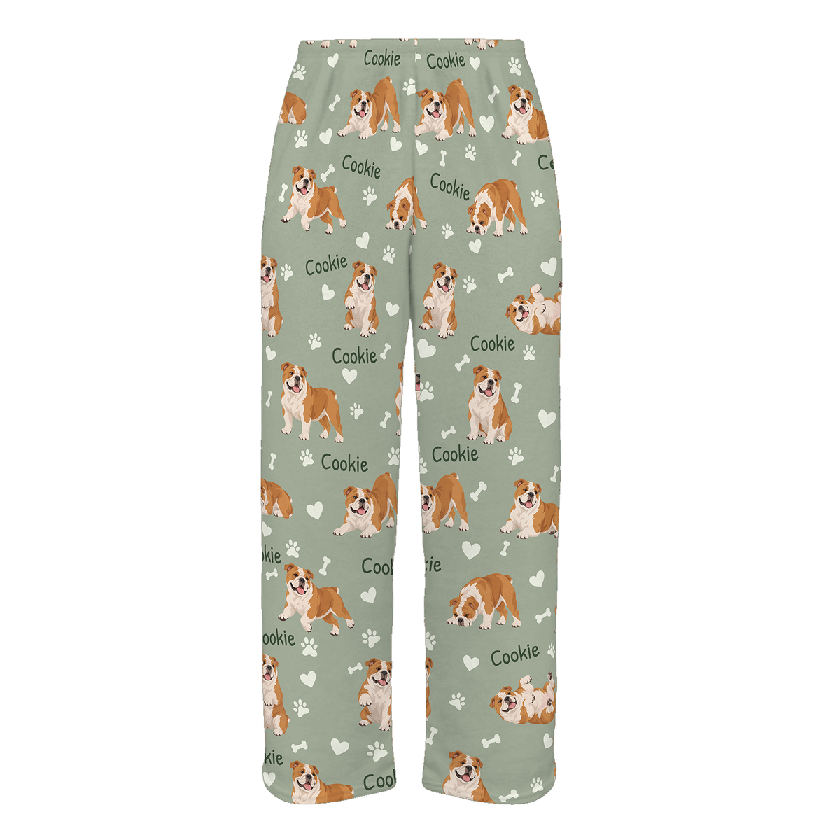 Personalized Bulldog Pajama Pants, Custom Pet Name Fleece Trousers, Dog Lover Gift — 03 Soft Sage — full-trouser view