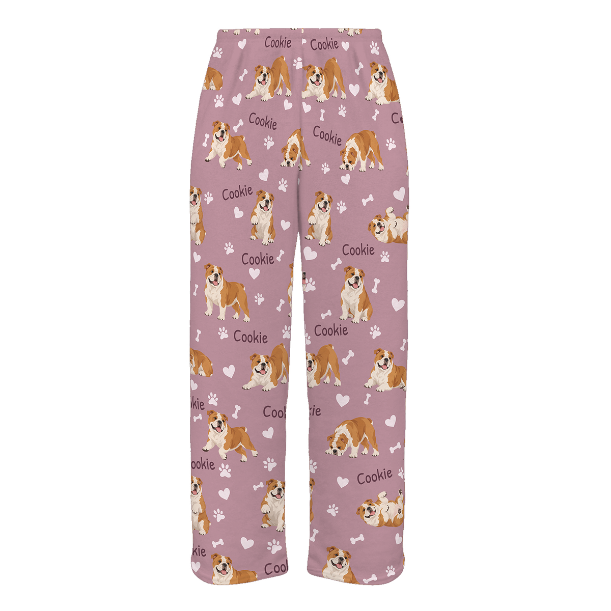 Personalized Bulldog Pajama Pants, Custom Pet Name Fleece Trousers, Dog Lover Gift — 04 Dusty Rose — full-trouser view