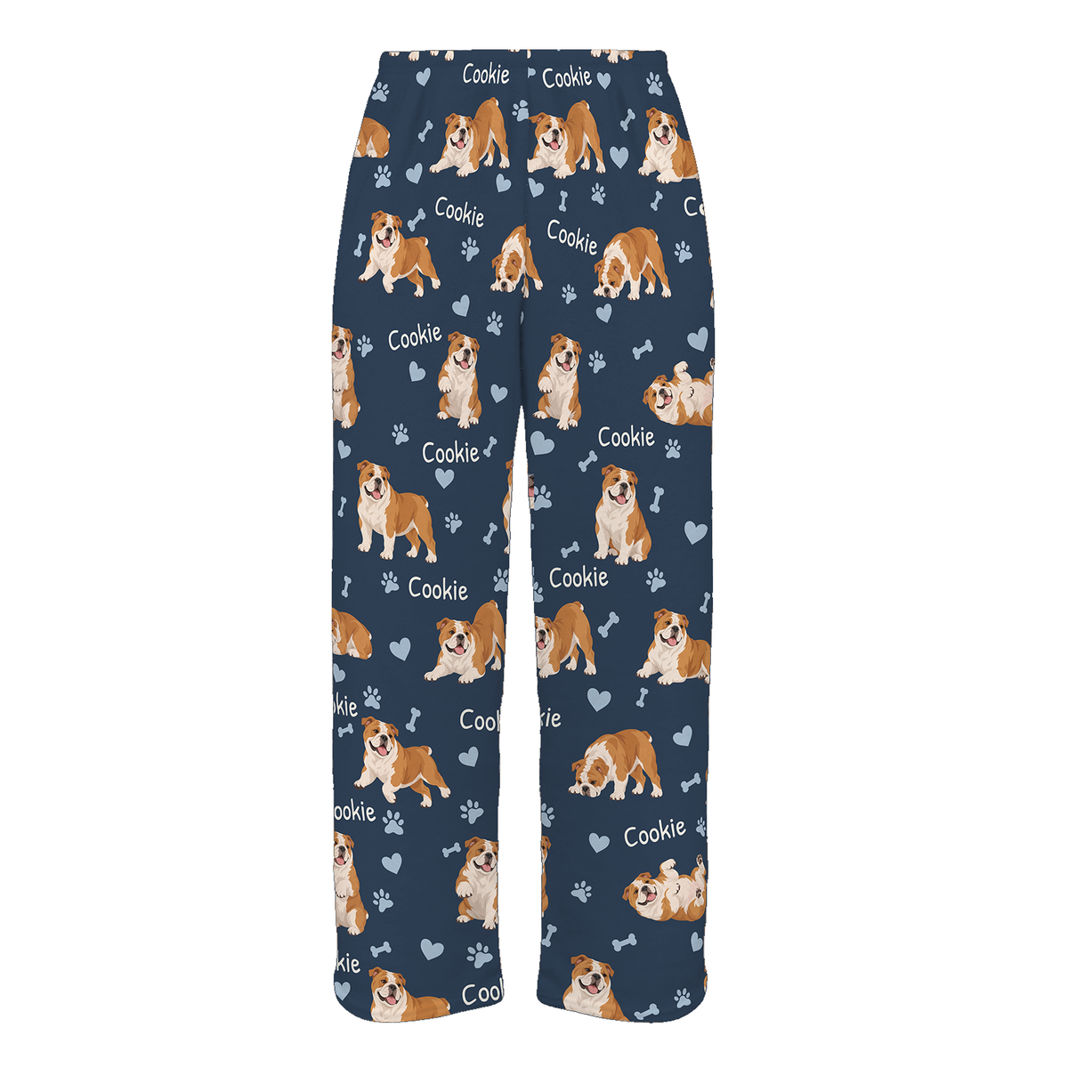 Personalized Bulldog Pajama Pants, Custom Pet Name Fleece Trousers, Dog Lover Gift — 05 Deep Navy — full-trouser view
