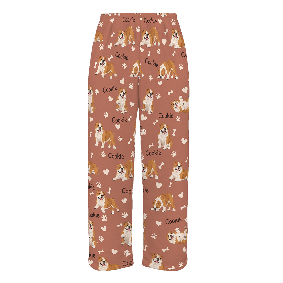 Personalized Bulldog Pajama Pants, Custom Pet Name Fleece Trousers, Dog Lover Gift — 06 Muted Terracotta — full-trouser view