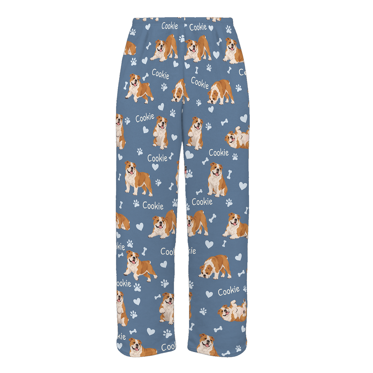 Personalized Bulldog Pajama Pants, Custom Pet Name Fleece Trousers, Dog Lover Gift — As shown — full-trouser view
