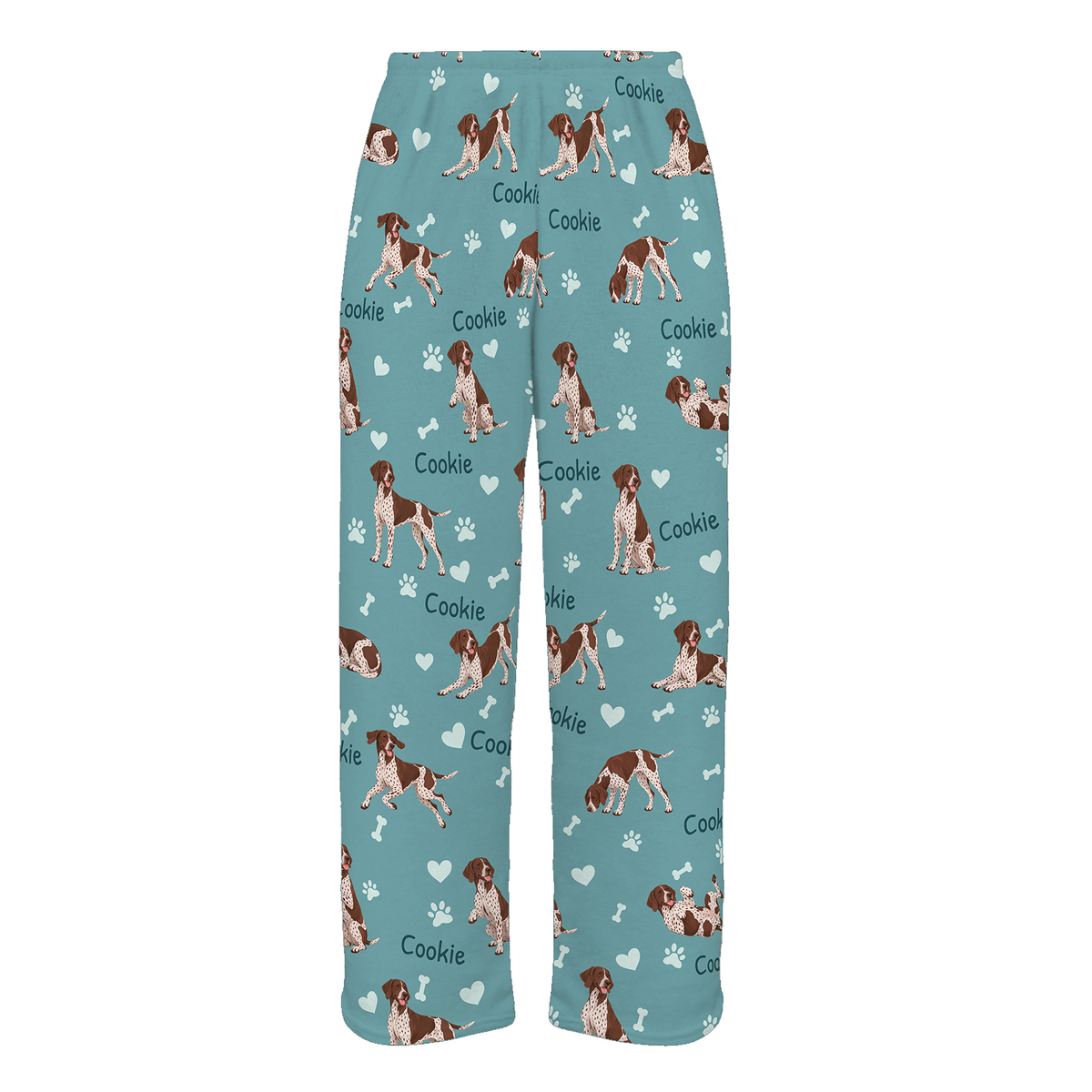 Personalized German Shorthaired Pointer Pajama Pants, Custom Pet Name Fleece Trousers, Dog Lover Gift — 01 Muted Teal — full-trouser view