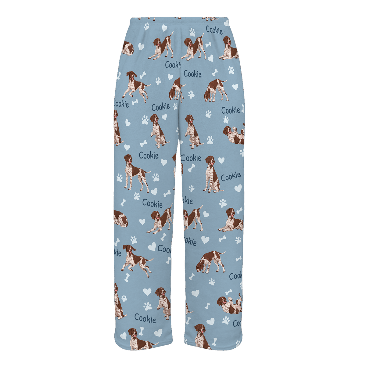 Personalized German Shorthaired Pointer Pajama Pants, Custom Pet Name Fleece Trousers, Dog Lover Gift — 02 Dusty Blue — full-trouser view