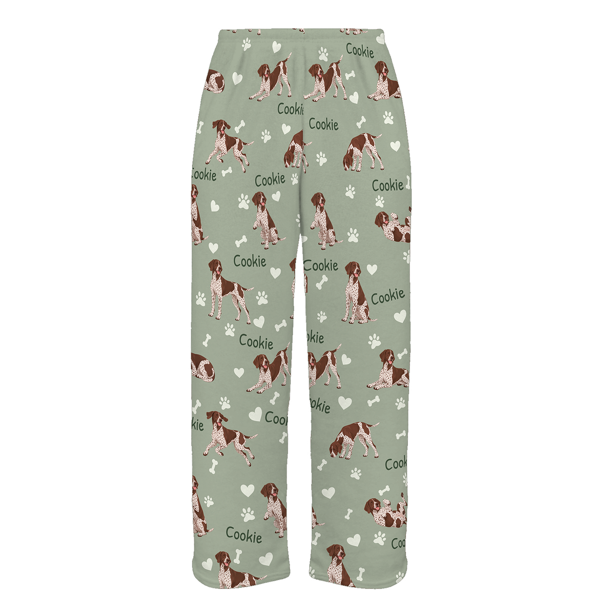 Personalized German Shorthaired Pointer Pajama Pants, Custom Pet Name Fleece Trousers, Dog Lover Gift — 03 Soft Sage — full-trouser view