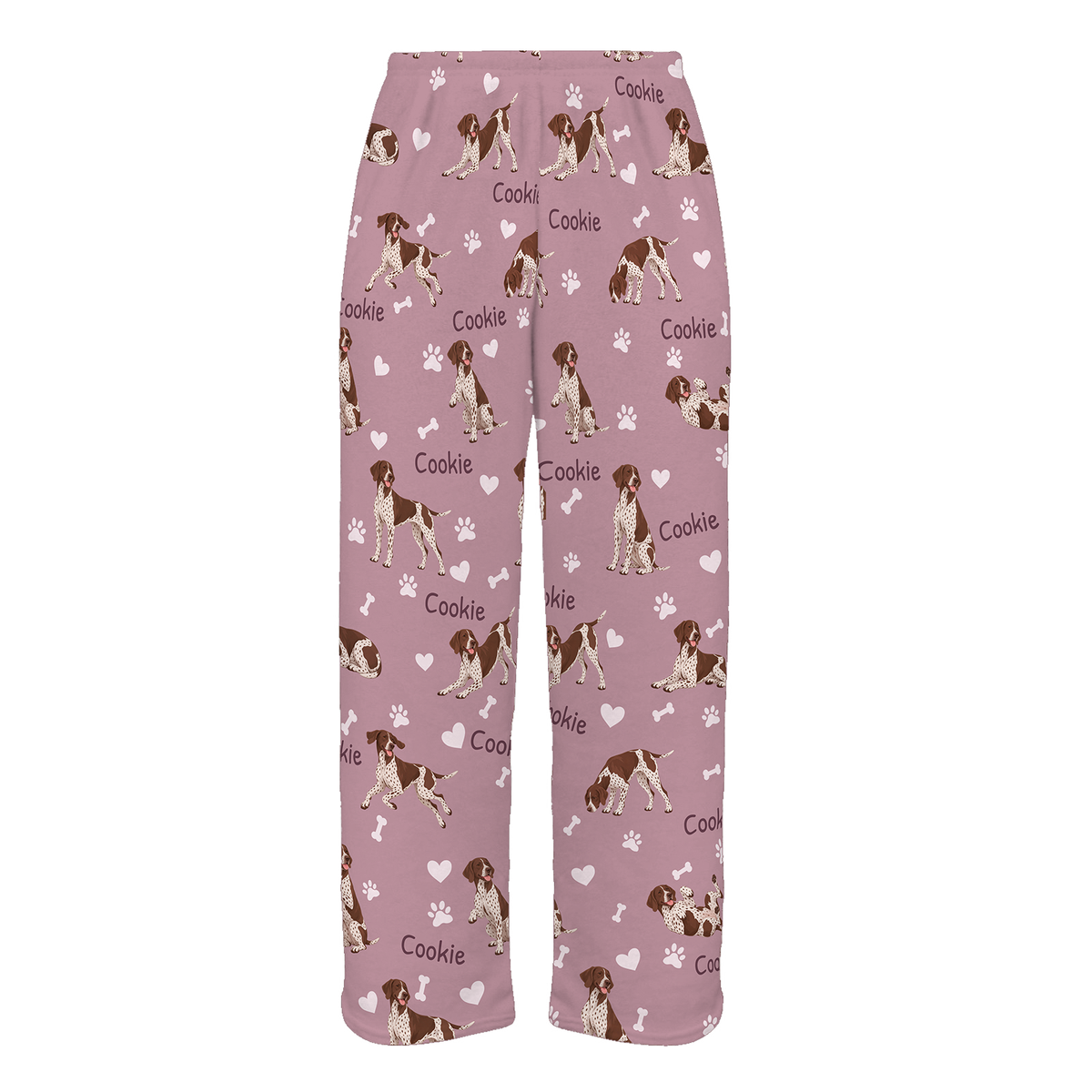 Personalized German Shorthaired Pointer Pajama Pants, Custom Pet Name Fleece Trousers, Dog Lover Gift — 04 Dusty Rose — full-trouser view