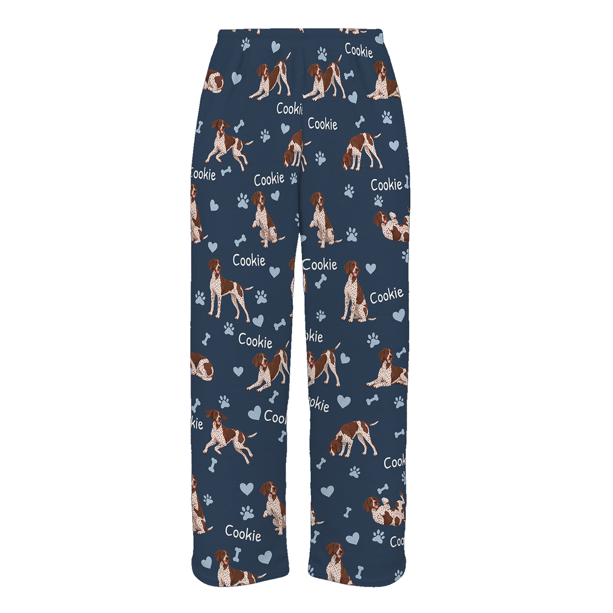 Personalized German Shorthaired Pointer Pajama Pants, Custom Pet Name Fleece Trousers, Dog Lover Gift — 05 Deep Navy — full-trouser view