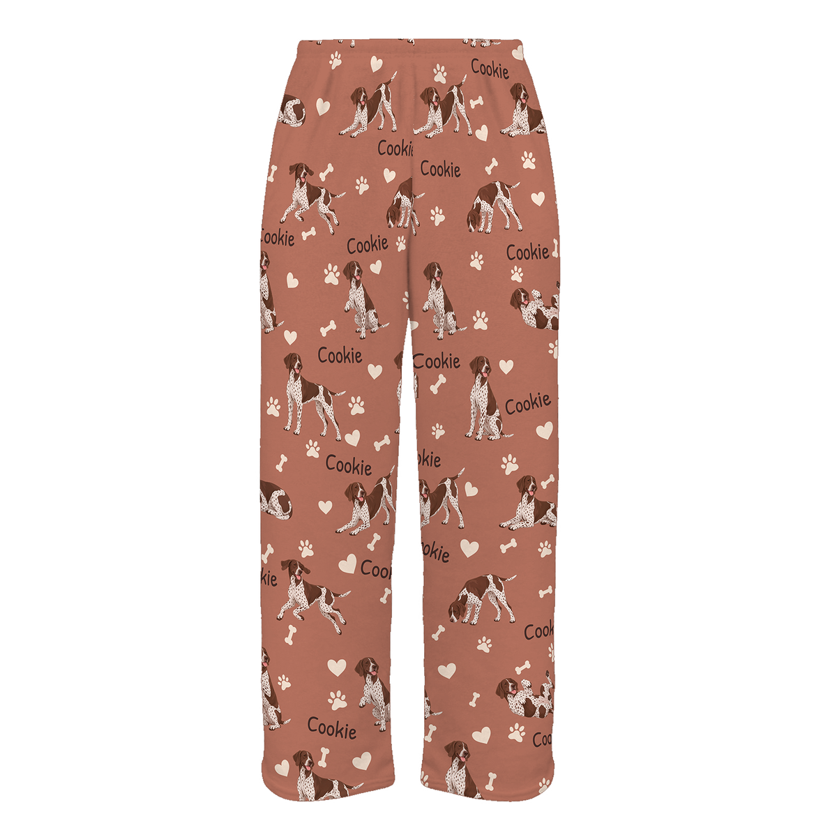 Personalized German Shorthaired Pointer Pajama Pants, Custom Pet Name Fleece Trousers, Dog Lover Gift — 06 Muted Terracotta — full-trouser view