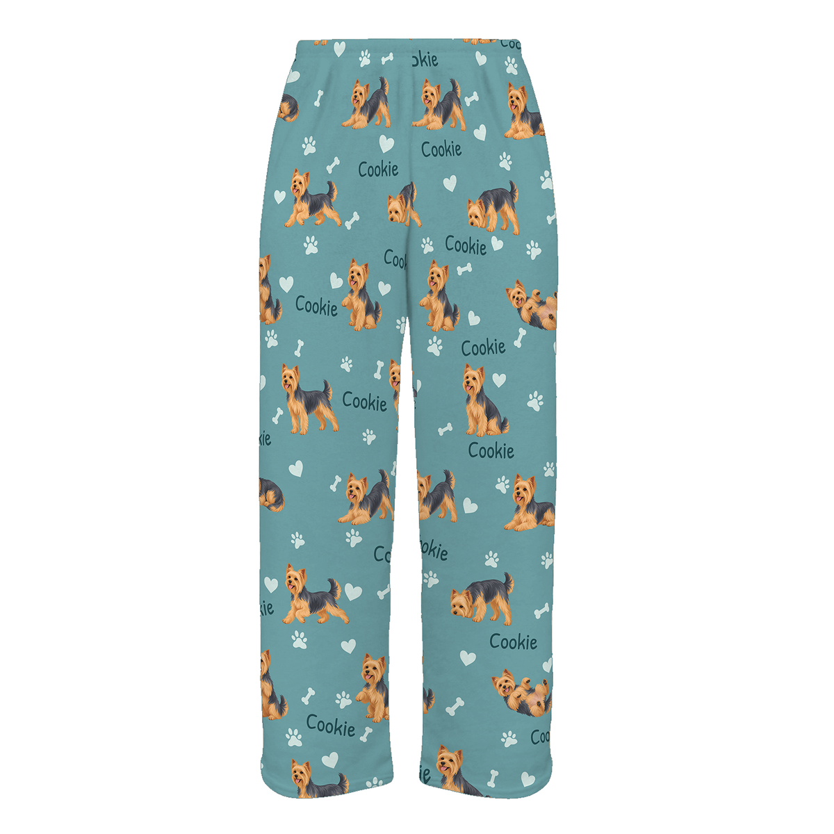 Personalized Yorkshire Terrier Pajama Pants, Custom Pet Name Fleece Trousers, Dog Lover Gift — 01 Muted Teal — full-trouser view