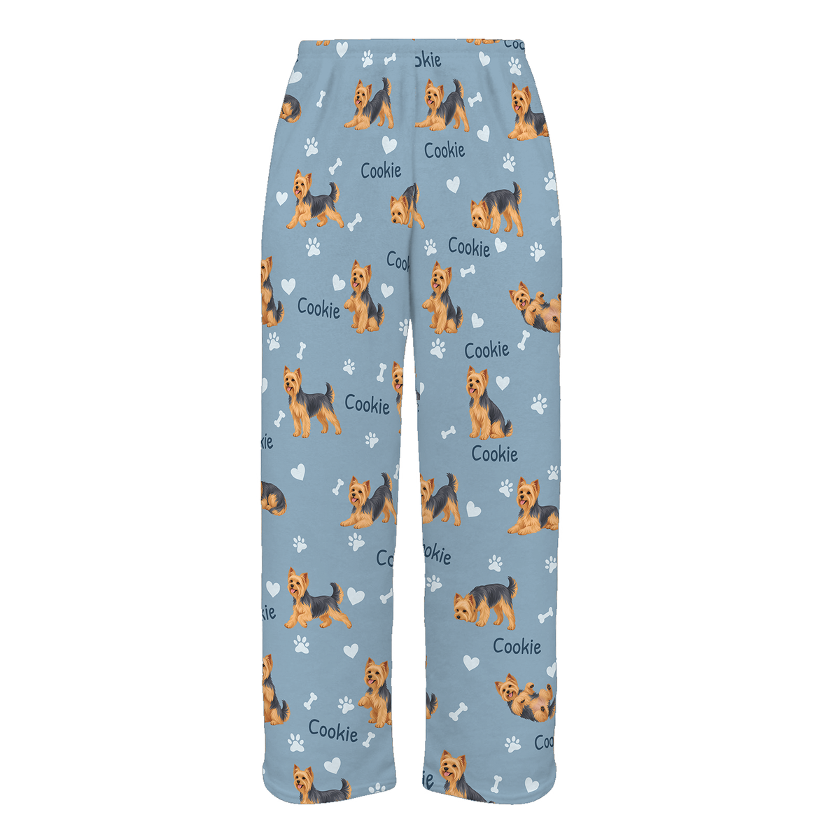 Personalized Yorkshire Terrier Pajama Pants, Custom Pet Name Fleece Trousers, Dog Lover Gift — 02 Dusty Blue — full-trouser view
