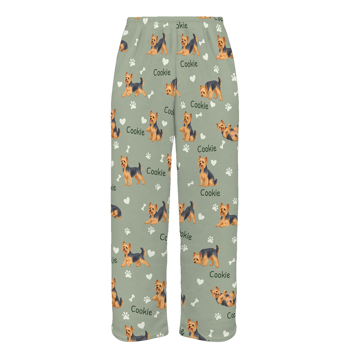 Personalized Yorkshire Terrier Pajama Pants, Custom Pet Name Fleece Trousers, Dog Lover Gift — 03 Soft Sage — full-trouser view