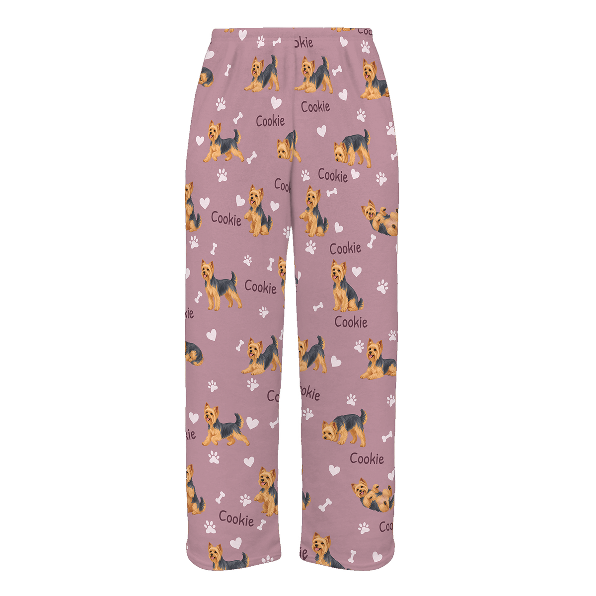 Personalized Yorkshire Terrier Pajama Pants, Custom Pet Name Fleece Trousers, Dog Lover Gift — 04 Dusty Rose — full-trouser view