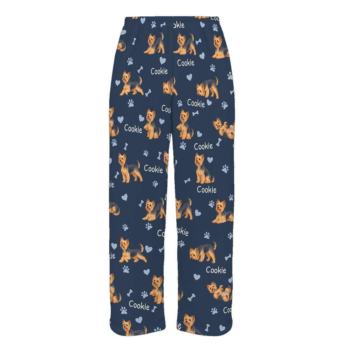 Personalized Yorkshire Terrier Pajama Pants, Custom Pet Name Fleece Trousers, Dog Lover Gift — 05 Deep Navy — full-trouser view