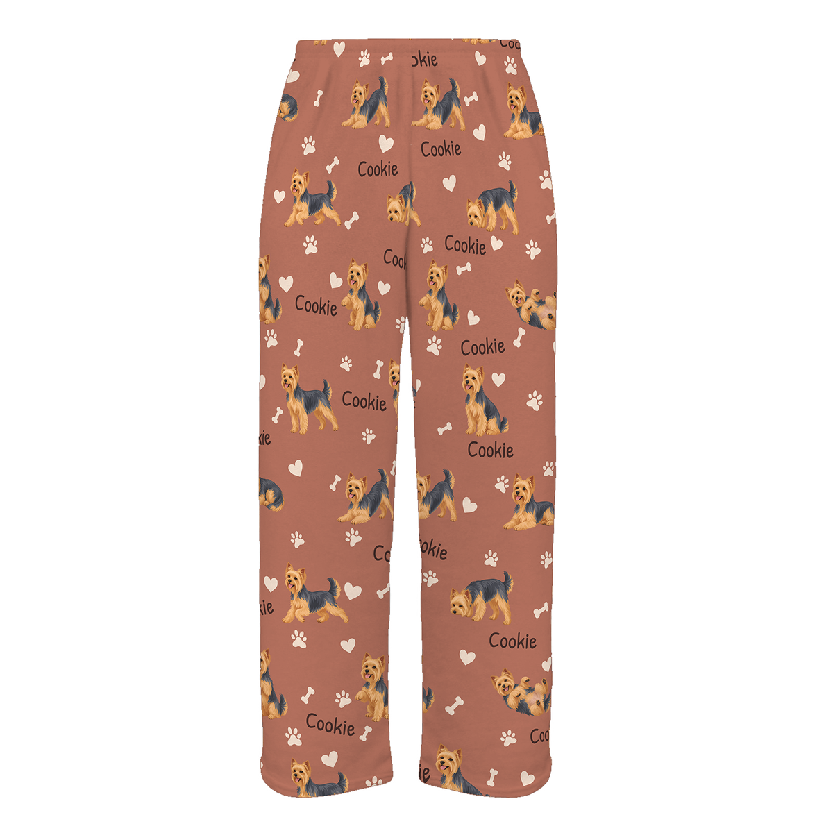 Personalized Yorkshire Terrier Pajama Pants, Custom Pet Name Fleece Trousers, Dog Lover Gift — 06 Muted Terracotta — full-trouser view