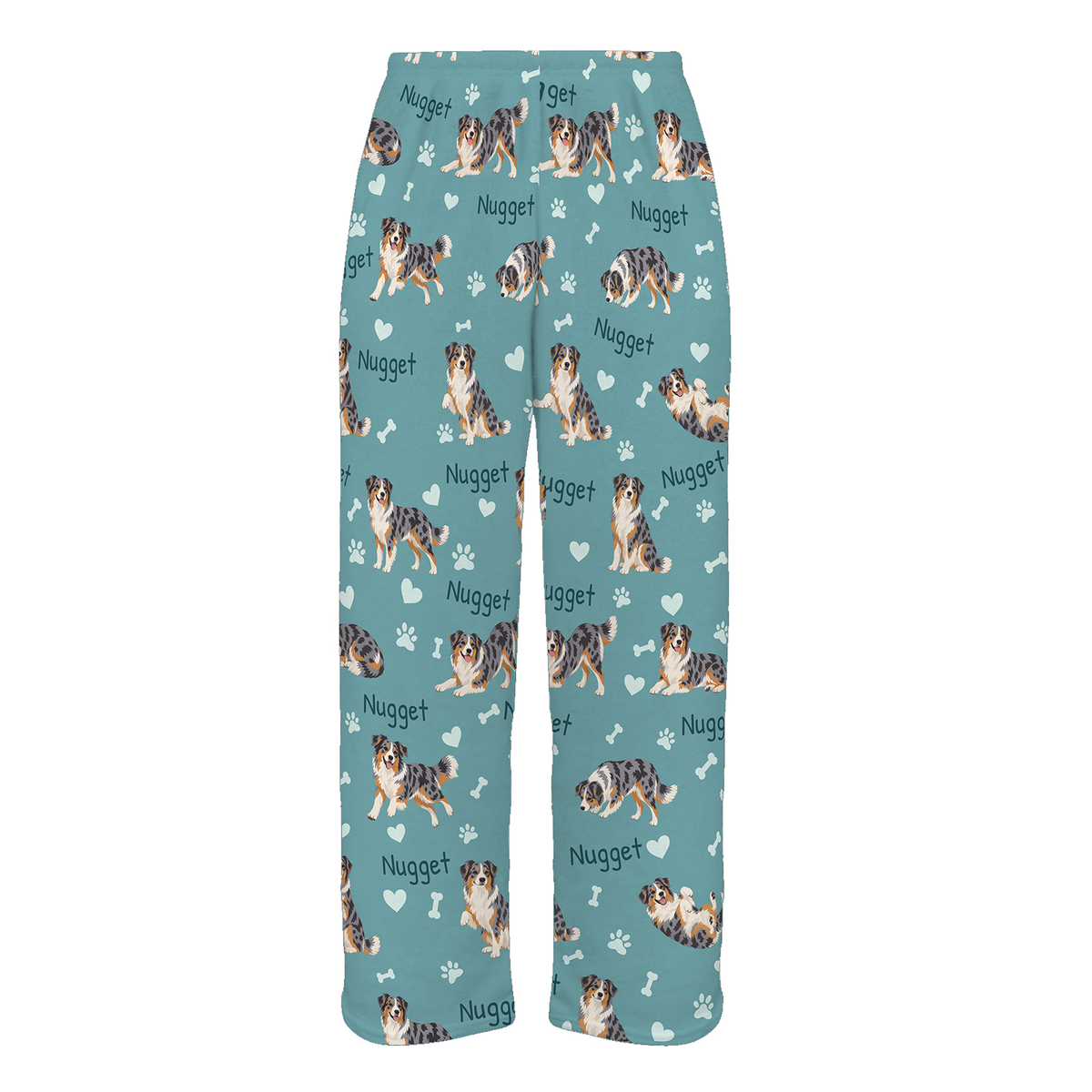 Personalized Australian Shepherd Pajama Pants, Custom Pet Name Fleece Trousers, Dog Lover Gift — 01 Muted Teal — full-trouser view