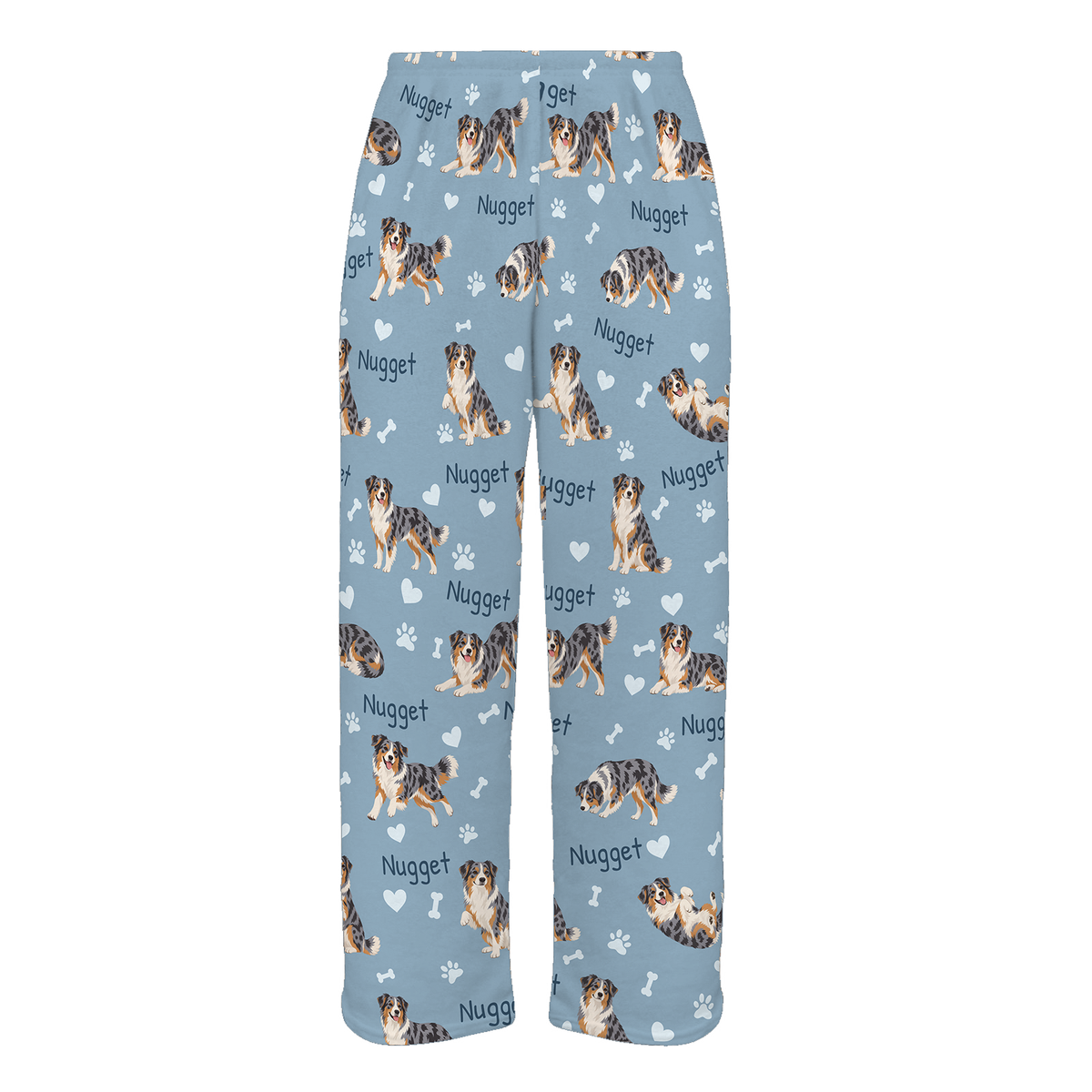 Personalized Australian Shepherd Pajama Pants, Custom Pet Name Fleece Trousers, Dog Lover Gift — 02 Dusty Blue — full-trouser view