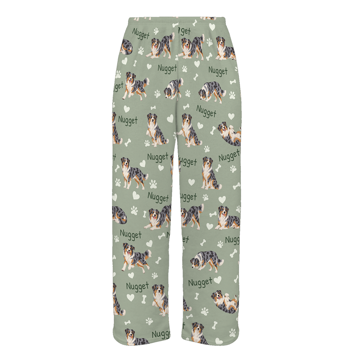 Personalized Australian Shepherd Pajama Pants, Custom Pet Name Fleece Trousers, Dog Lover Gift — 03 Soft Sage — full-trouser view
