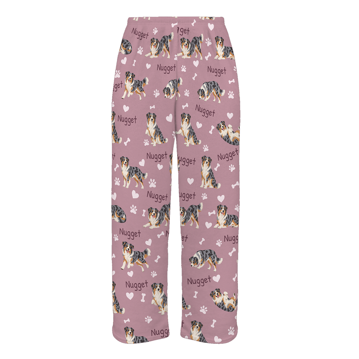 Personalized Australian Shepherd Pajama Pants, Custom Pet Name Fleece Trousers, Dog Lover Gift — 04 Dusty Rose — full-trouser view