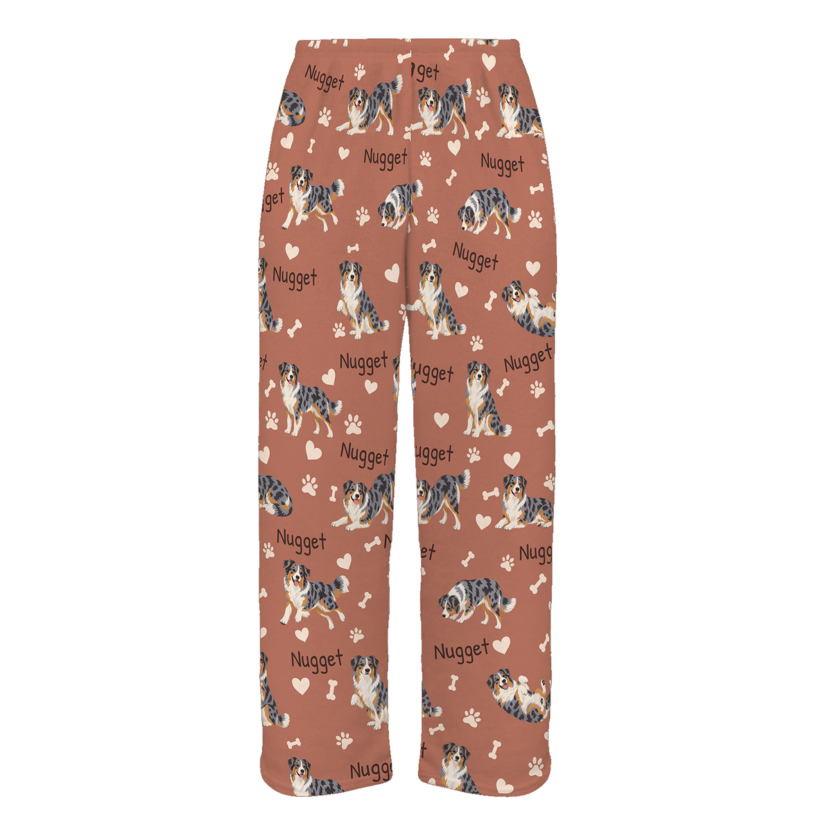 Personalized Australian Shepherd Pajama Pants, Custom Pet Name Fleece Trousers, Dog Lover Gift — 06 Muted Terracotta — full-trouser view