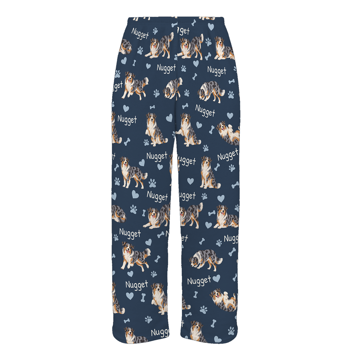 Personalized Australian Shepherd Pajama Pants, Custom Pet Name Fleece Trousers, Dog Lover Gift — As shown — full-trouser view