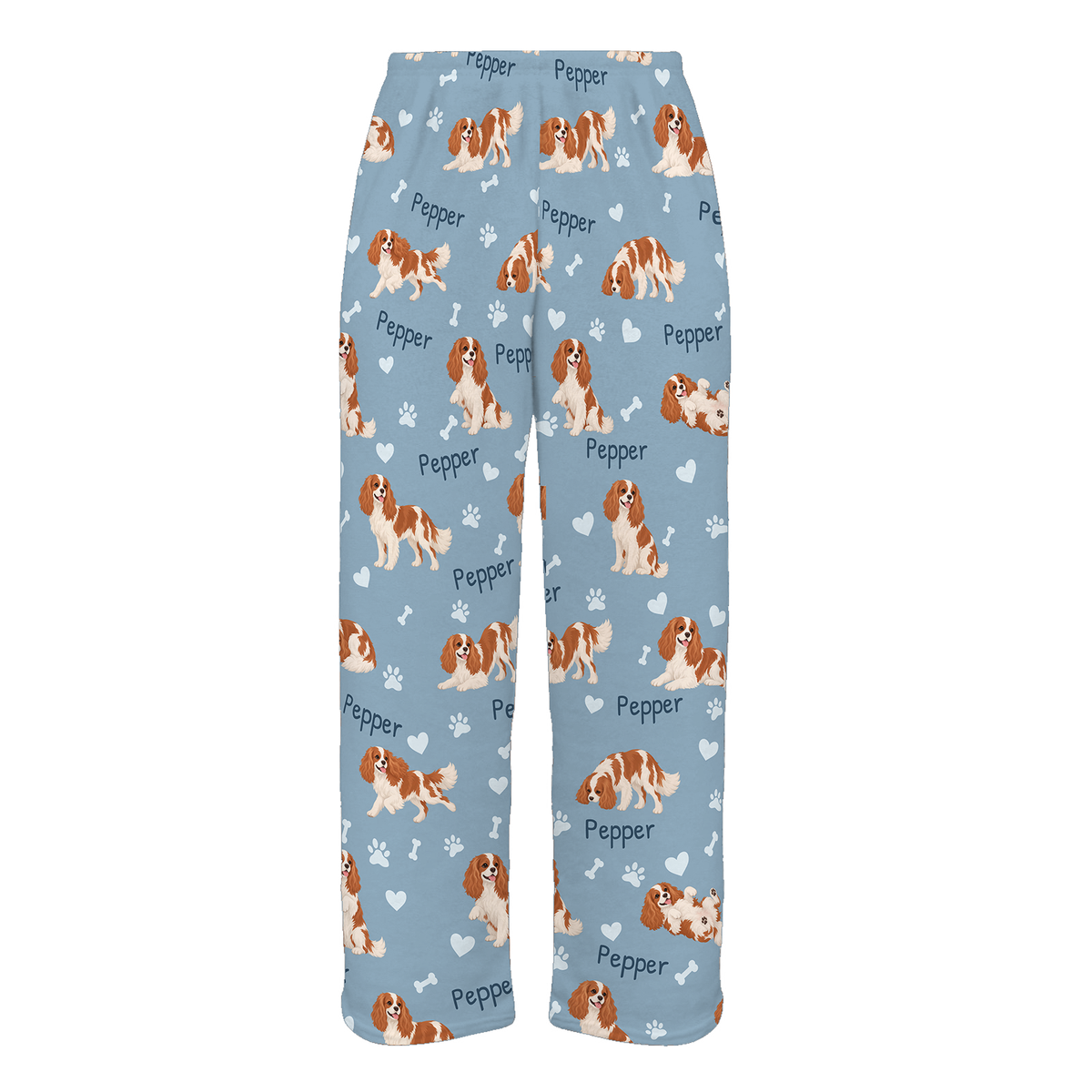 Personalized Cavalier King Charles Spaniel Pajama Pants, Custom Pet Name Fleece Trousers, Dog Lover Gift — 02 Dusty Blue — full-trouser view