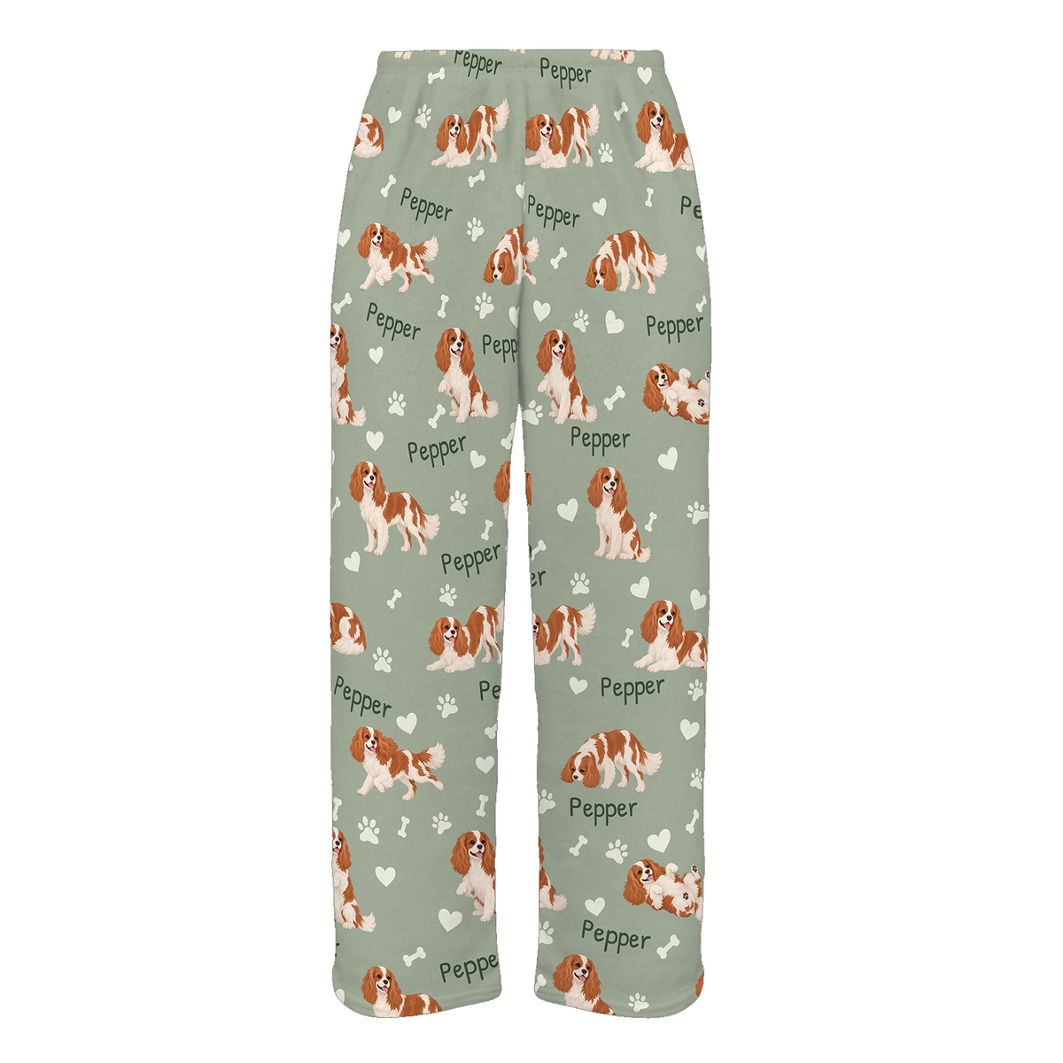 Personalized Cavalier King Charles Spaniel Pajama Pants, Custom Pet Name Fleece Trousers, Dog Lover Gift — 03 Soft Sage — full-trouser view