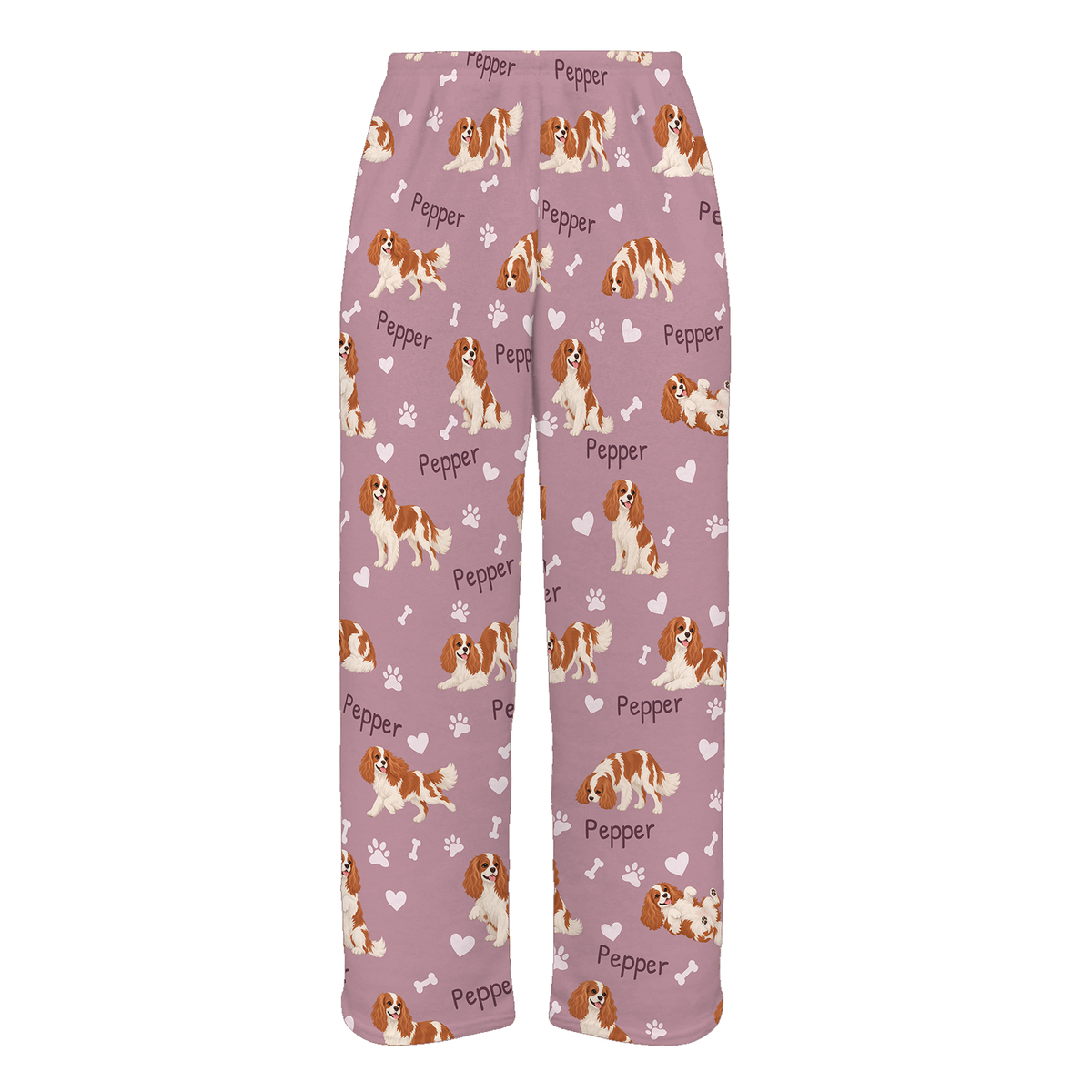 Personalized Cavalier King Charles Spaniel Pajama Pants, Custom Pet Name Fleece Trousers, Dog Lover Gift — 04 Dusty Rose — full-trouser view