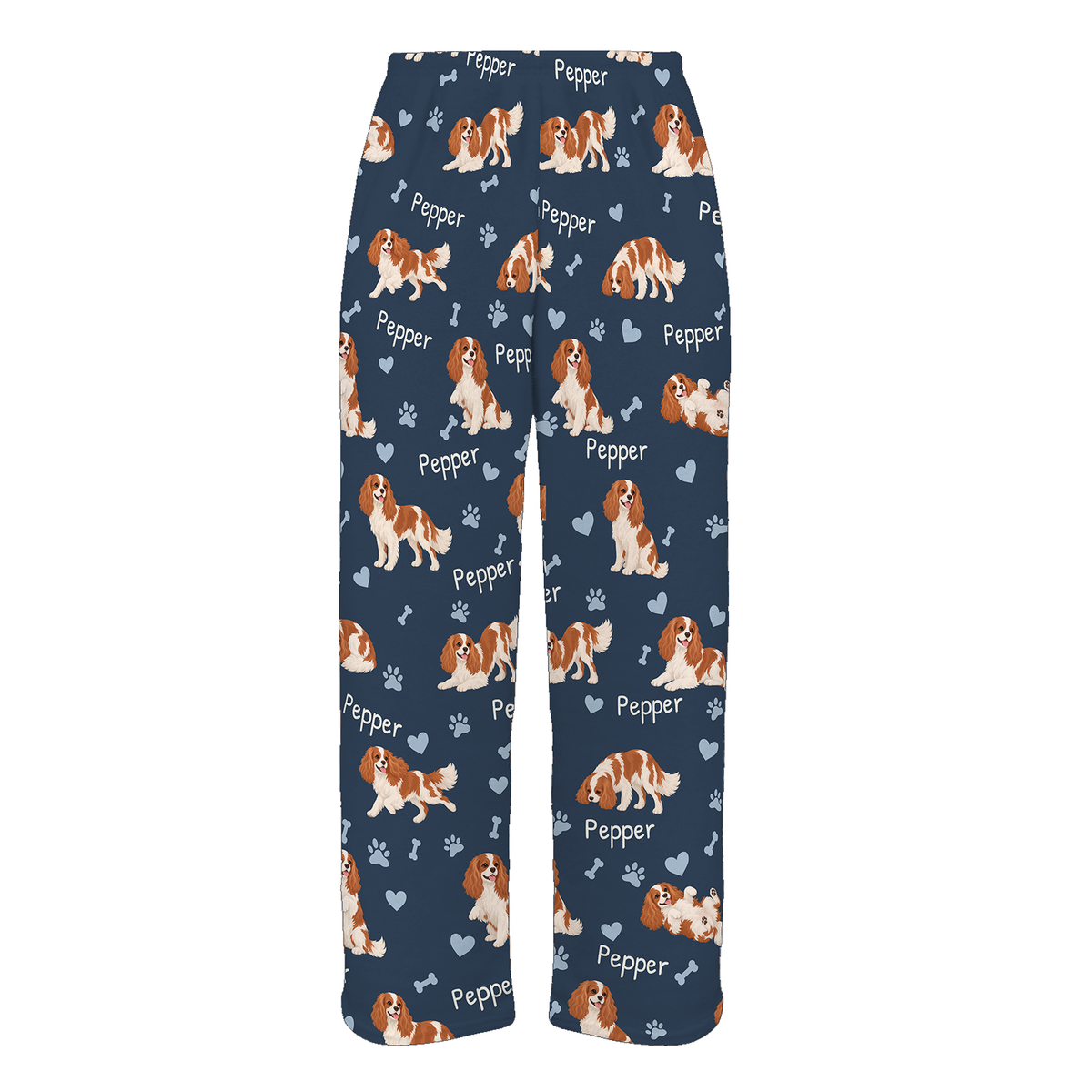 Personalized Cavalier King Charles Spaniel Pajama Pants, Custom Pet Name Fleece Trousers, Dog Lover Gift — 05 Deep Navy — full-trouser view