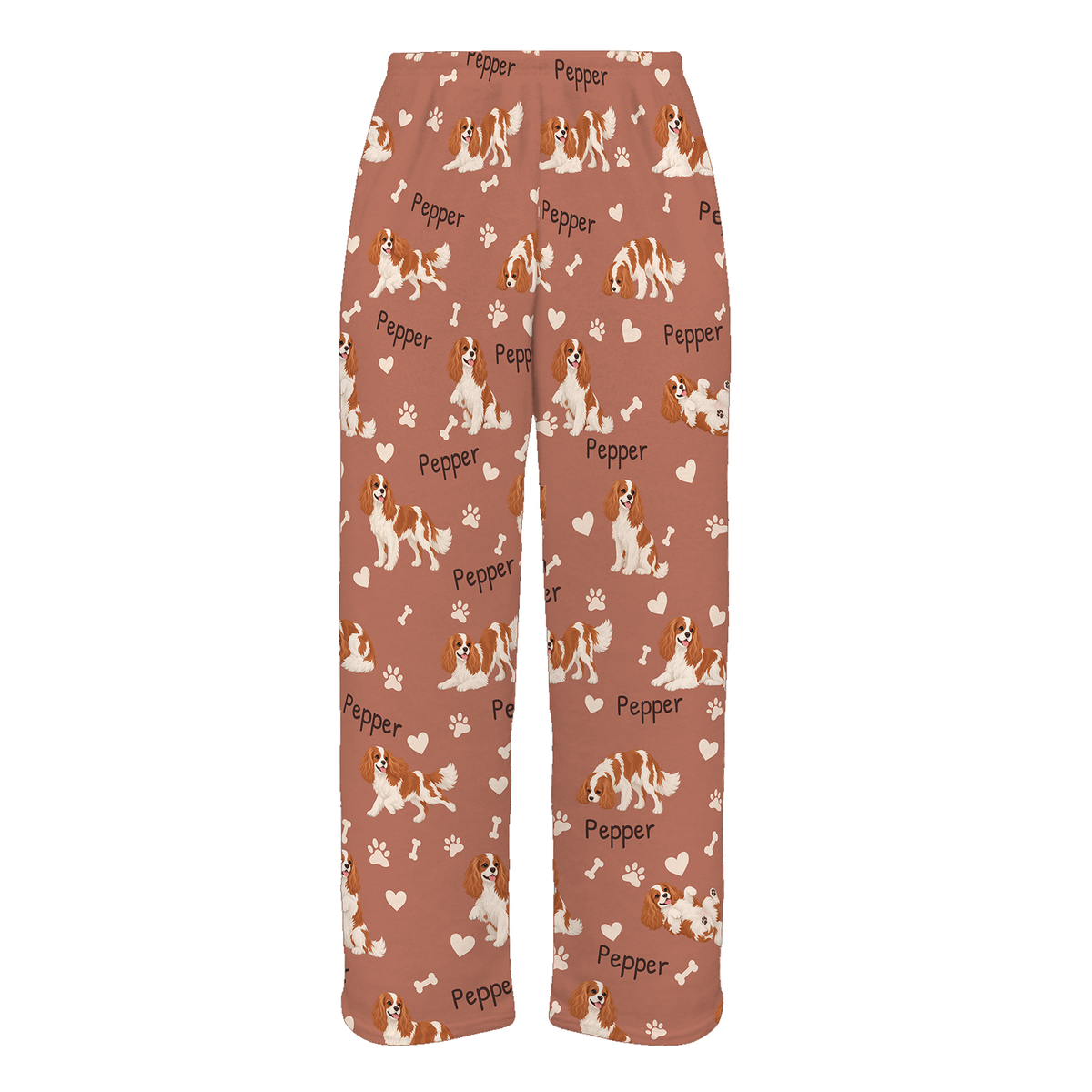 Personalized Cavalier King Charles Spaniel Pajama Pants, Custom Pet Name Fleece Trousers, Dog Lover Gift — 06 Muted Terracotta — full-trouser view