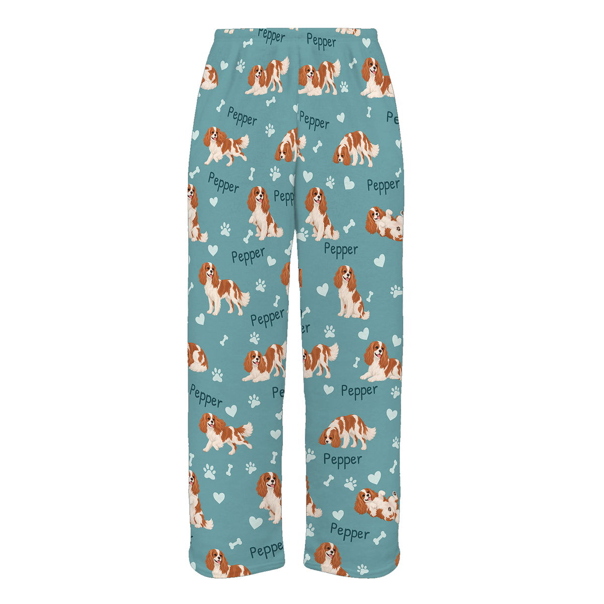 Personalized Cavalier King Charles Spaniel Pajama Pants, Custom Pet Name Fleece Trousers, Dog Lover Gift — As shown — full-trouser view