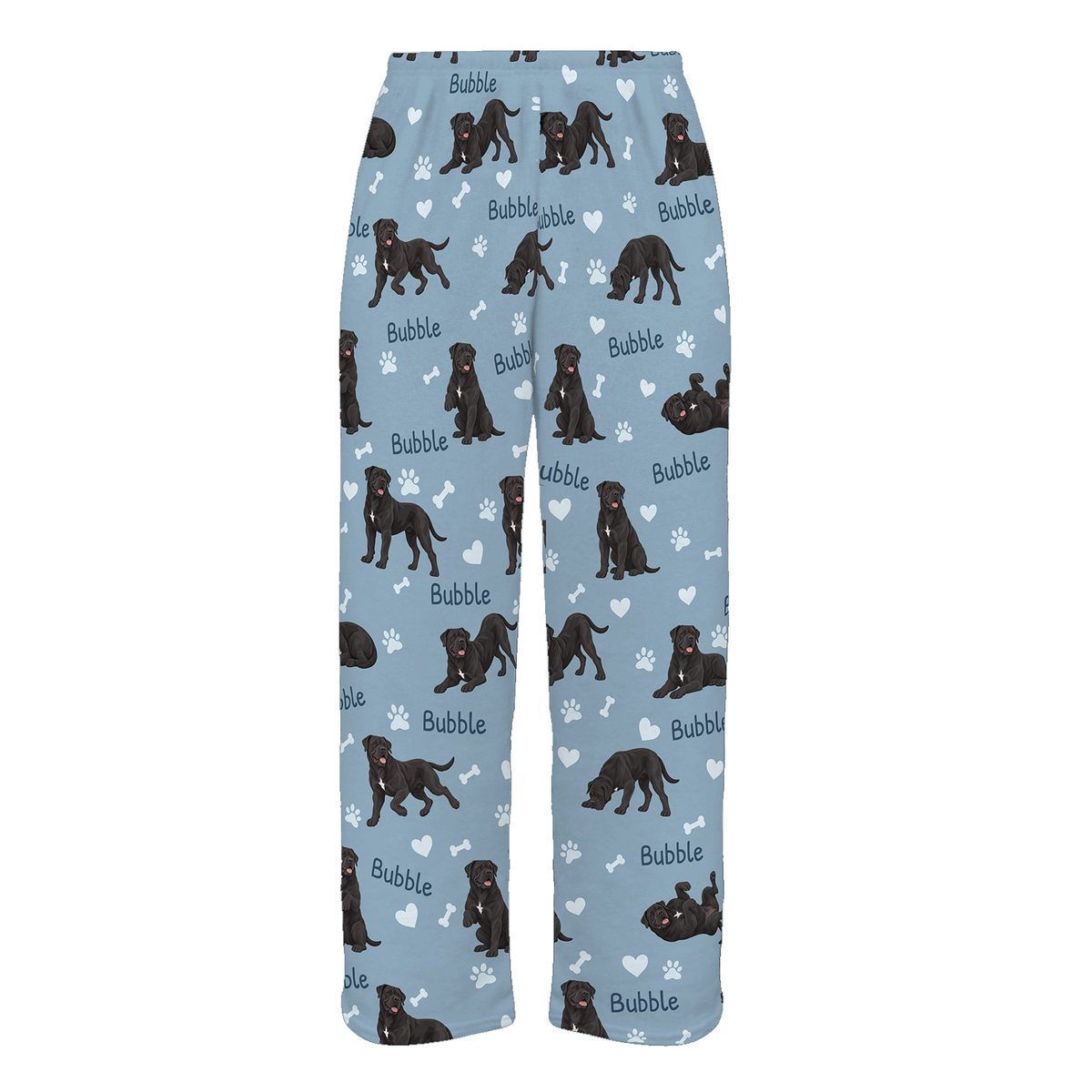 Personalized Cane Corso Pajama Pants, Custom Pet Name Fleece Trousers, Dog Lover Gift — 02 Dusty Blue — full-trouser view