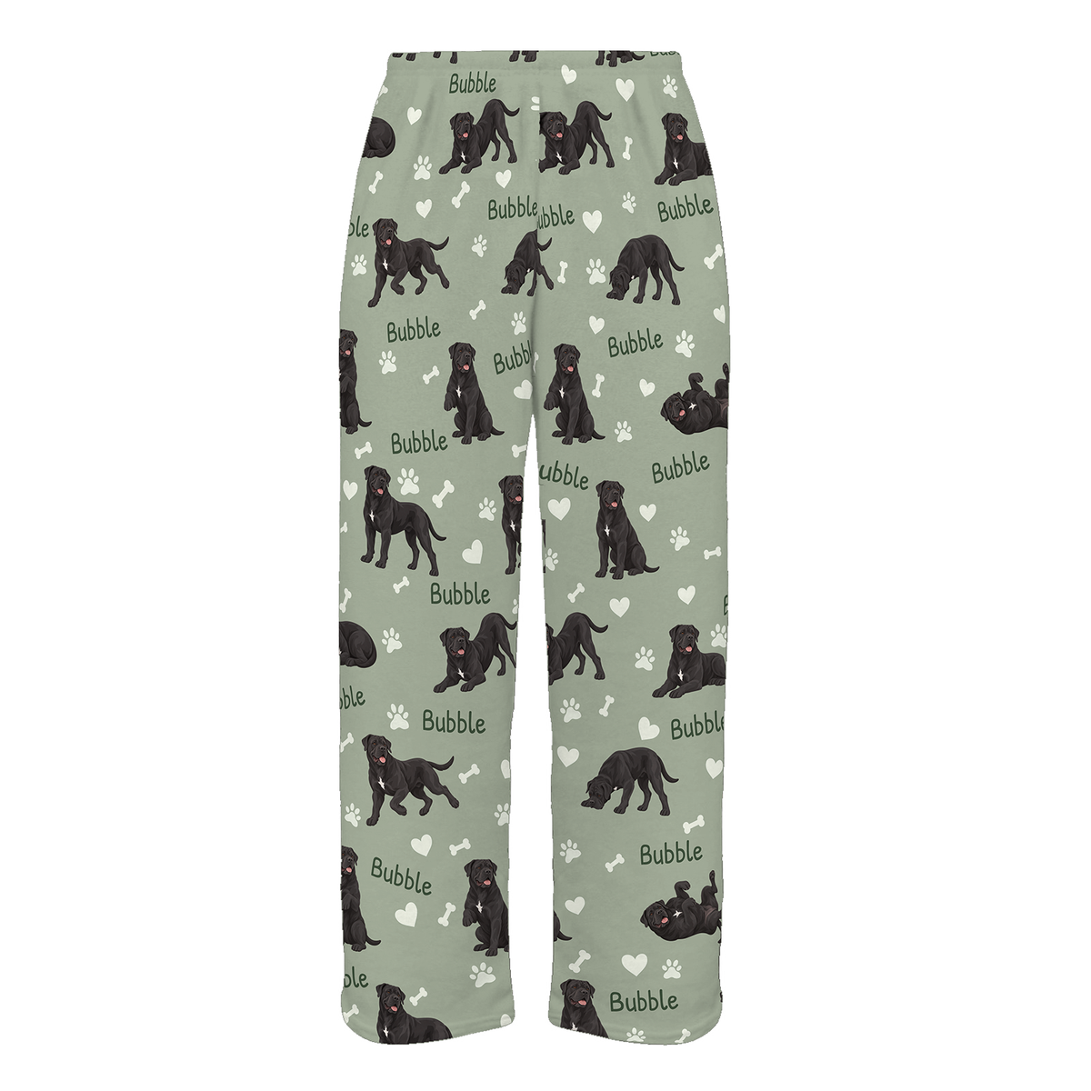Personalized Cane Corso Pajama Pants, Custom Pet Name Fleece Trousers, Dog Lover Gift — 03 Soft Sage — full-trouser view
