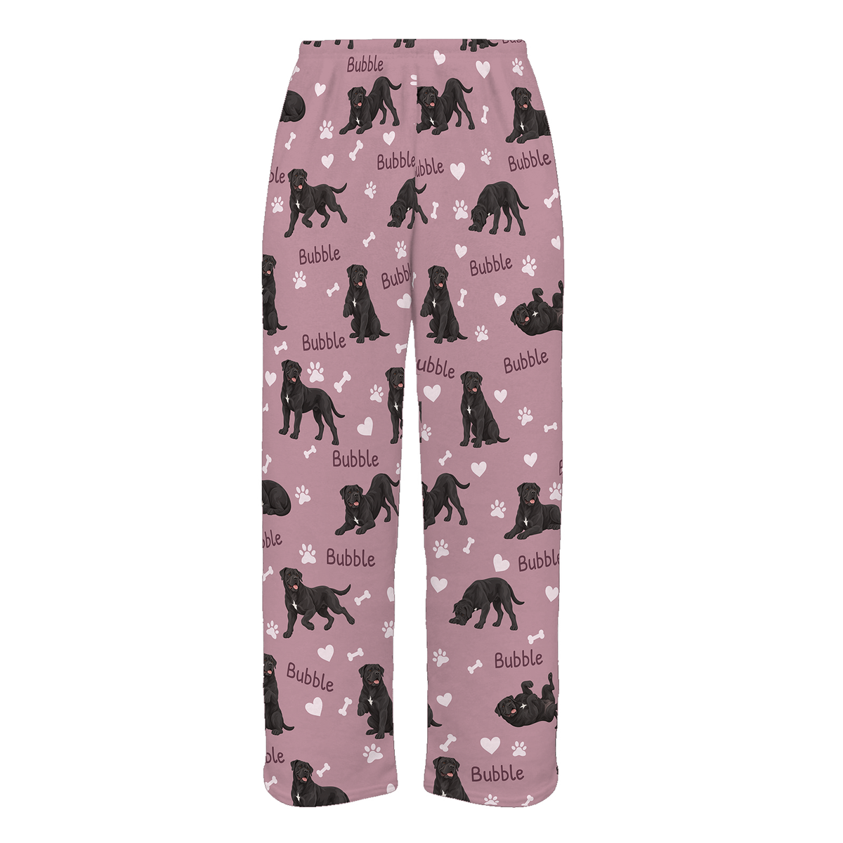 Personalized Cane Corso Pajama Pants, Custom Pet Name Fleece Trousers, Dog Lover Gift — 04 Dusty Rose — full-trouser view
