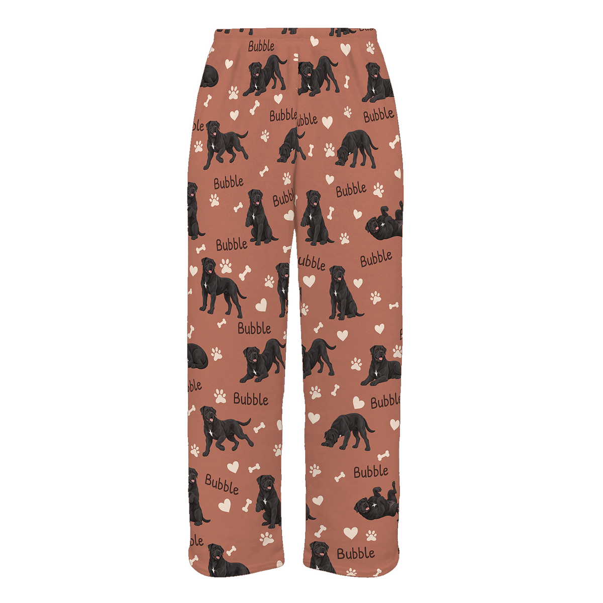 Personalized Cane Corso Pajama Pants, Custom Pet Name Fleece Trousers, Dog Lover Gift — 06 Muted Terracotta — full-trouser view