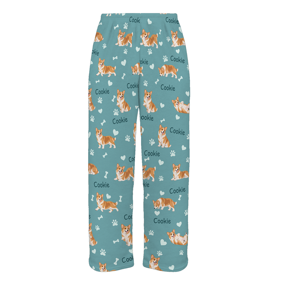 Personalized Pembroke Welsh Corgi Pajama Pants, Custom Pet Name Fleece Trousers, Dog Lover Gift — 01 Muted Teal — full-trouser view