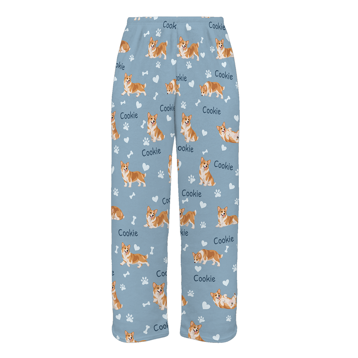 Personalized Pembroke Welsh Corgi Pajama Pants, Custom Pet Name Fleece Trousers, Dog Lover Gift — 02 Dusty Blue — full-trouser view