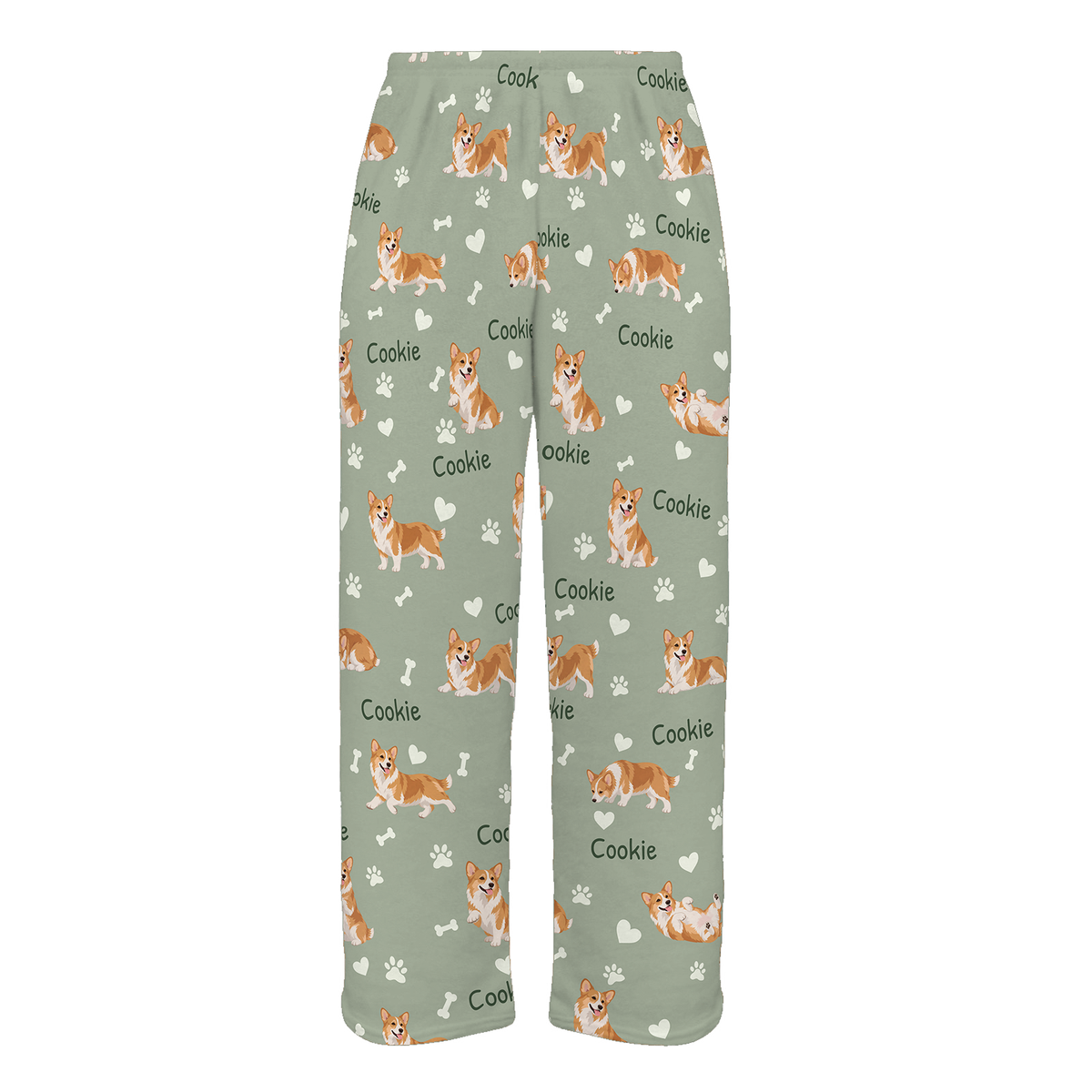 Personalized Pembroke Welsh Corgi Pajama Pants, Custom Pet Name Fleece Trousers, Dog Lover Gift — 03 Soft Sage — full-trouser view