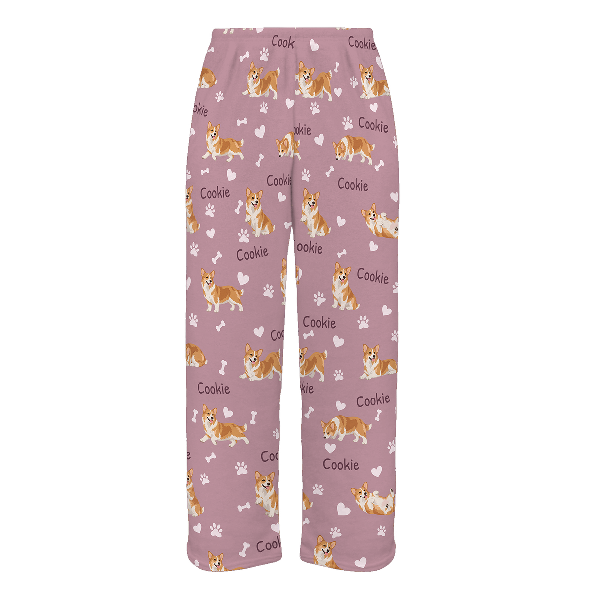Personalized Pembroke Welsh Corgi Pajama Pants, Custom Pet Name Fleece Trousers, Dog Lover Gift — 04 Dusty Rose — full-trouser view