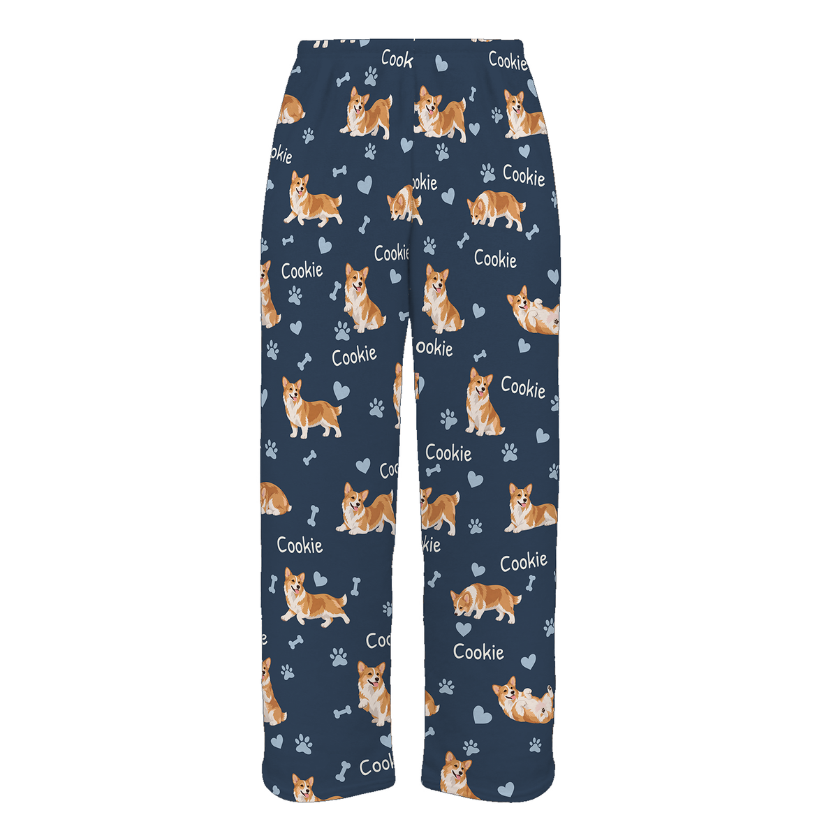 Personalized Pembroke Welsh Corgi Pajama Pants, Custom Pet Name Fleece Trousers, Dog Lover Gift — 05 Deep Navy — full-trouser view
