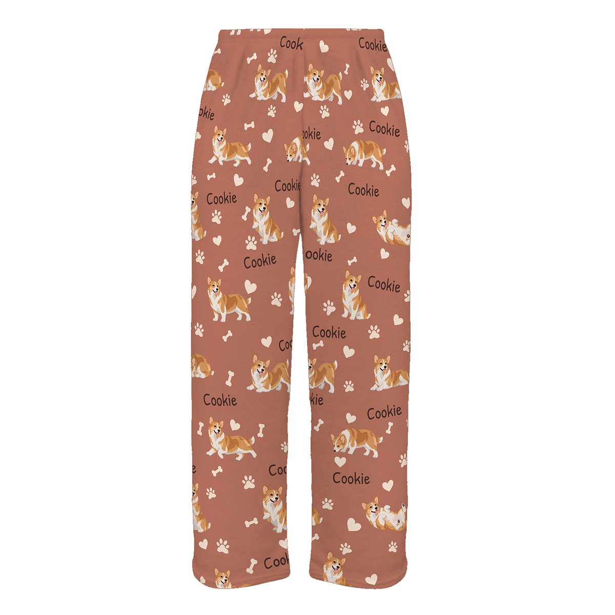 Personalized Pembroke Welsh Corgi Pajama Pants, Custom Pet Name Fleece Trousers, Dog Lover Gift — 06 Muted Terracotta — full-trouser view