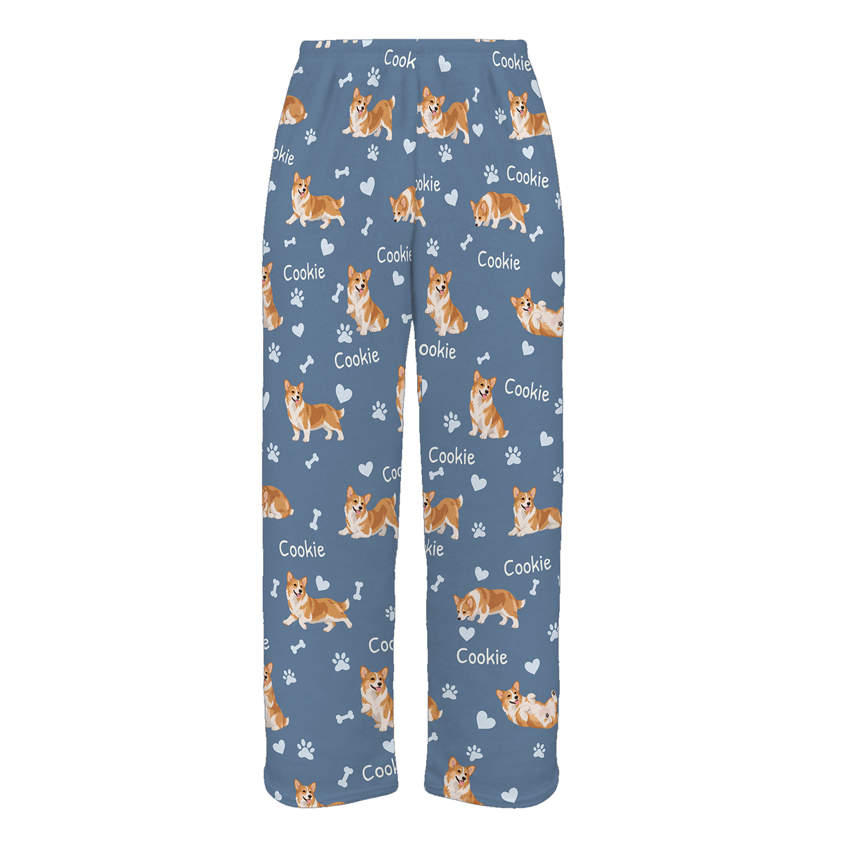 Personalized Pembroke Welsh Corgi Pajama Pants, Custom Pet Name Fleece Trousers, Dog Lover Gift — As shown — full-trouser view