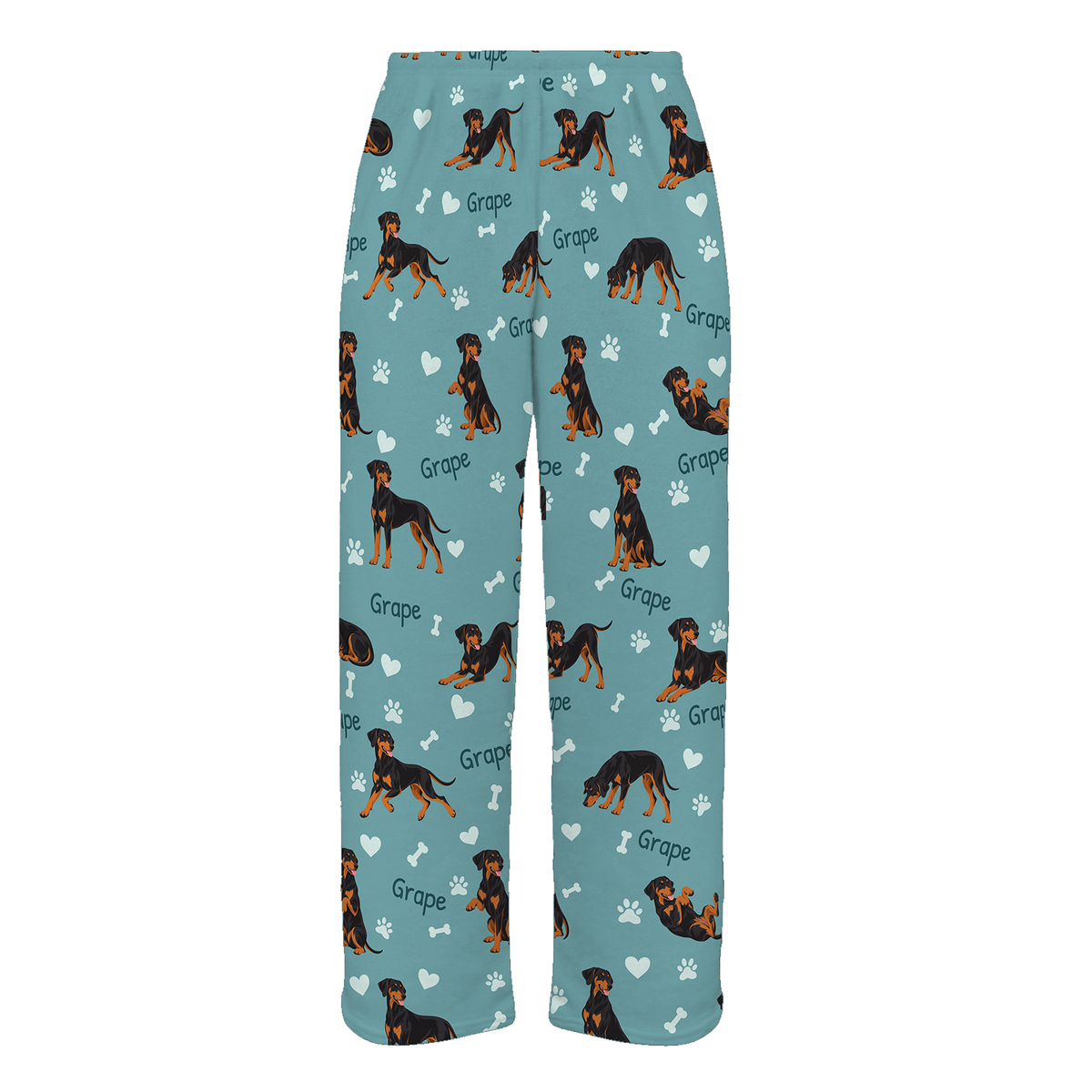 Personalized Doberman Pinscher Pajama Pants, Custom Pet Name Fleece Trousers, Dog Lover Gift — 01 Muted Teal — full-trouser view