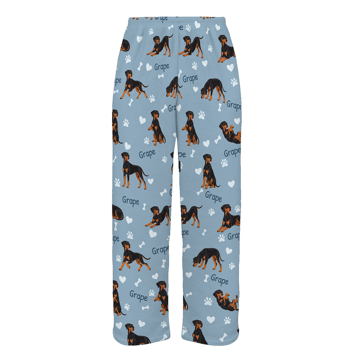 Personalized Doberman Pinscher Pajama Pants, Custom Pet Name Fleece Trousers, Dog Lover Gift — 02 Dusty Blue — full-trouser view