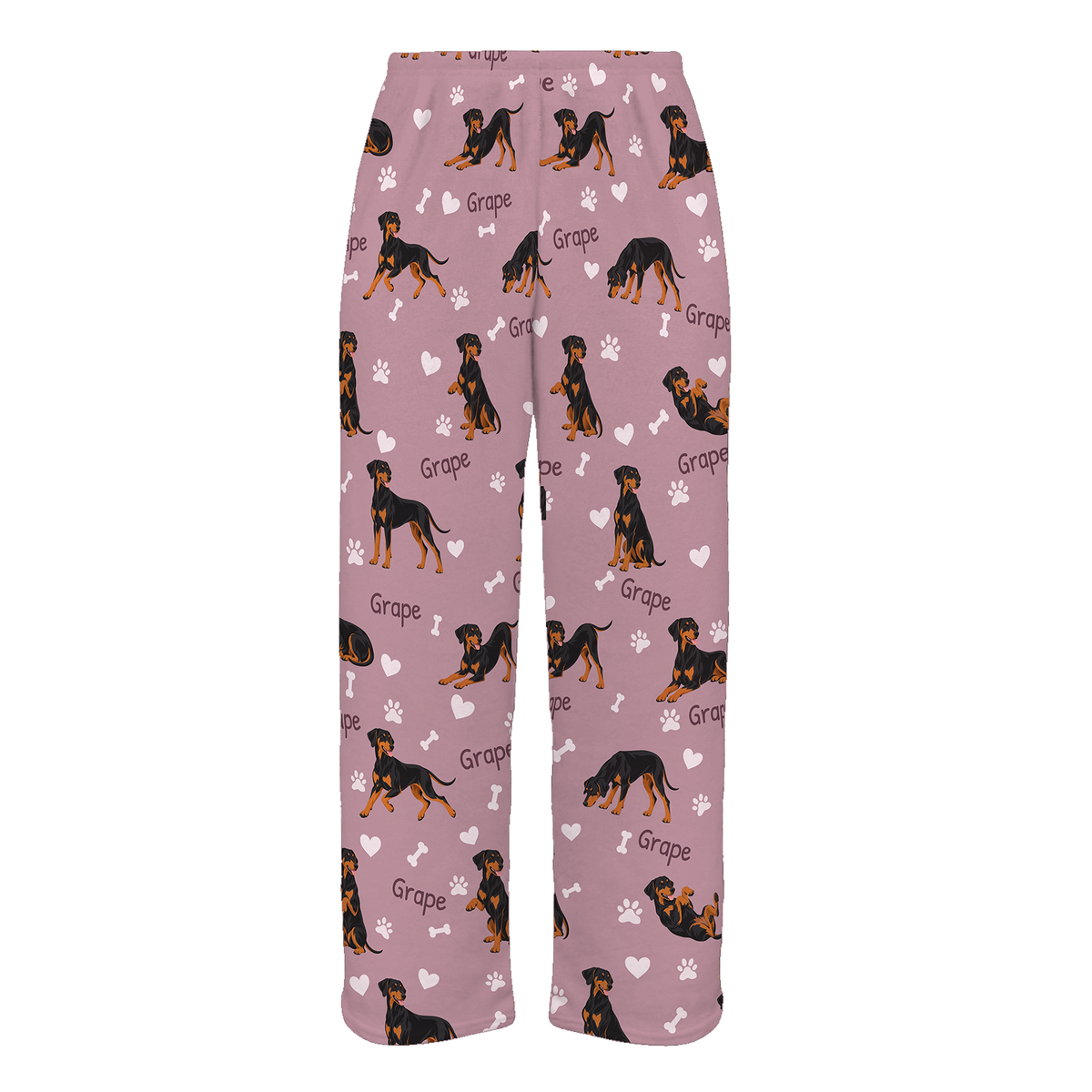 Personalized Doberman Pinscher Pajama Pants, Custom Pet Name Fleece Trousers, Dog Lover Gift — 04 Dusty Rose — full-trouser view
