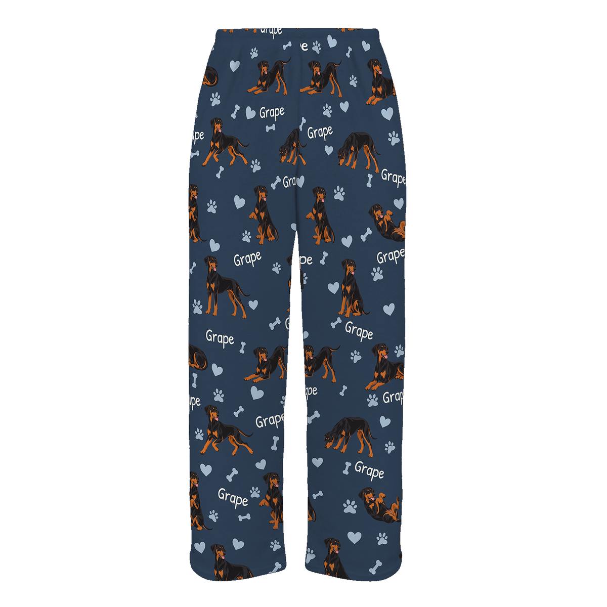 Personalized Doberman Pinscher Pajama Pants, Custom Pet Name Fleece Trousers, Dog Lover Gift — 05 Deep Navy — full-trouser view
