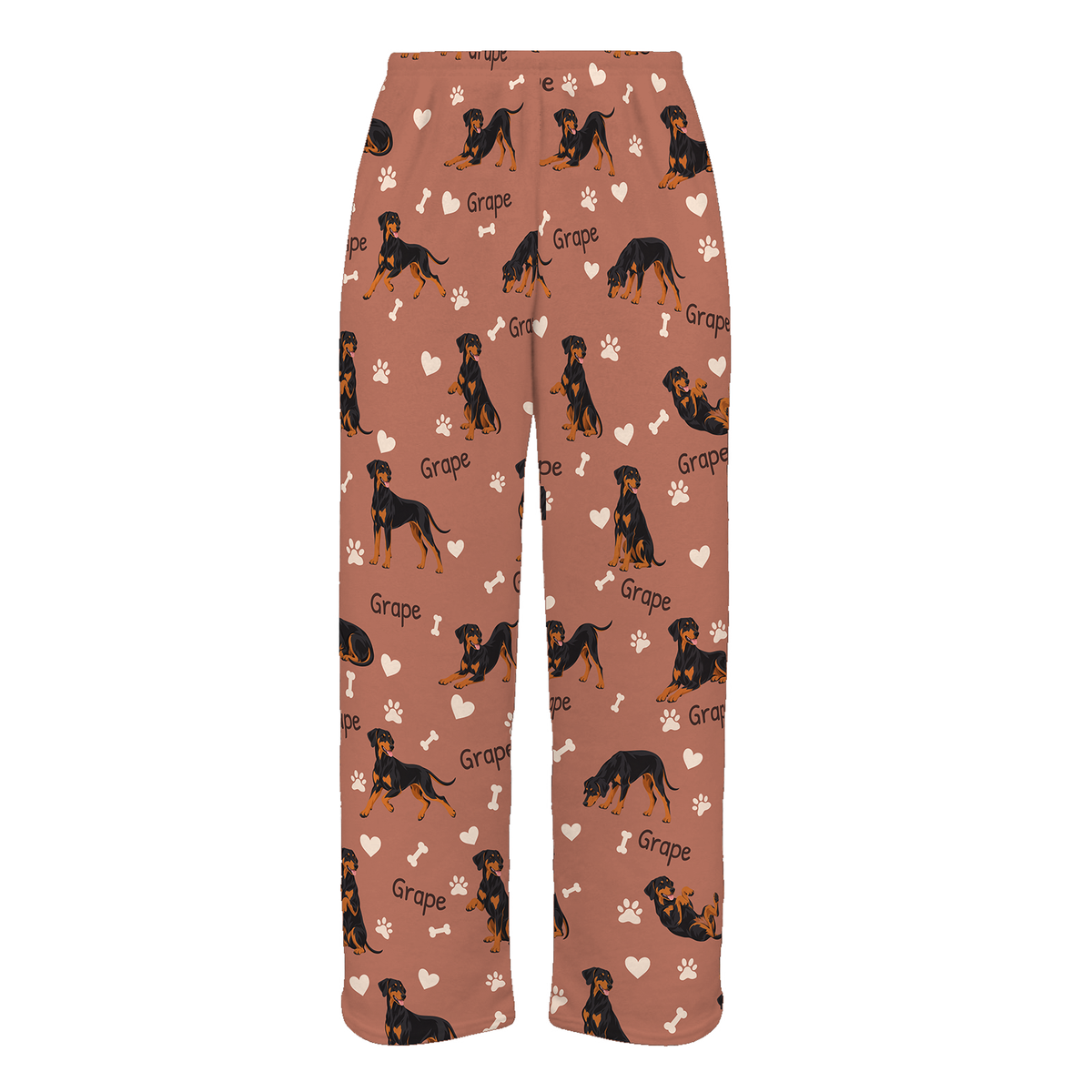 Personalized Doberman Pinscher Pajama Pants, Custom Pet Name Fleece Trousers, Dog Lover Gift — 06 Muted Terracotta — full-trouser view