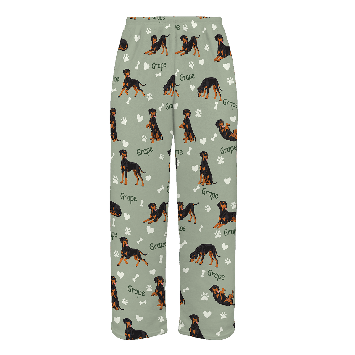 Personalized Doberman Pinscher Pajama Pants, Custom Pet Name Fleece Trousers, Dog Lover Gift — As shown — full-trouser view