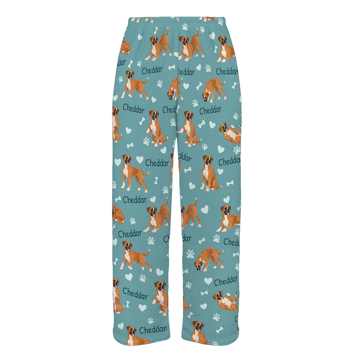 Personalized Boxer Pajama Pants, Custom Pet Name Fleece Trousers, Dog Lover Gift — 01 Muted Teal — full-trouser view