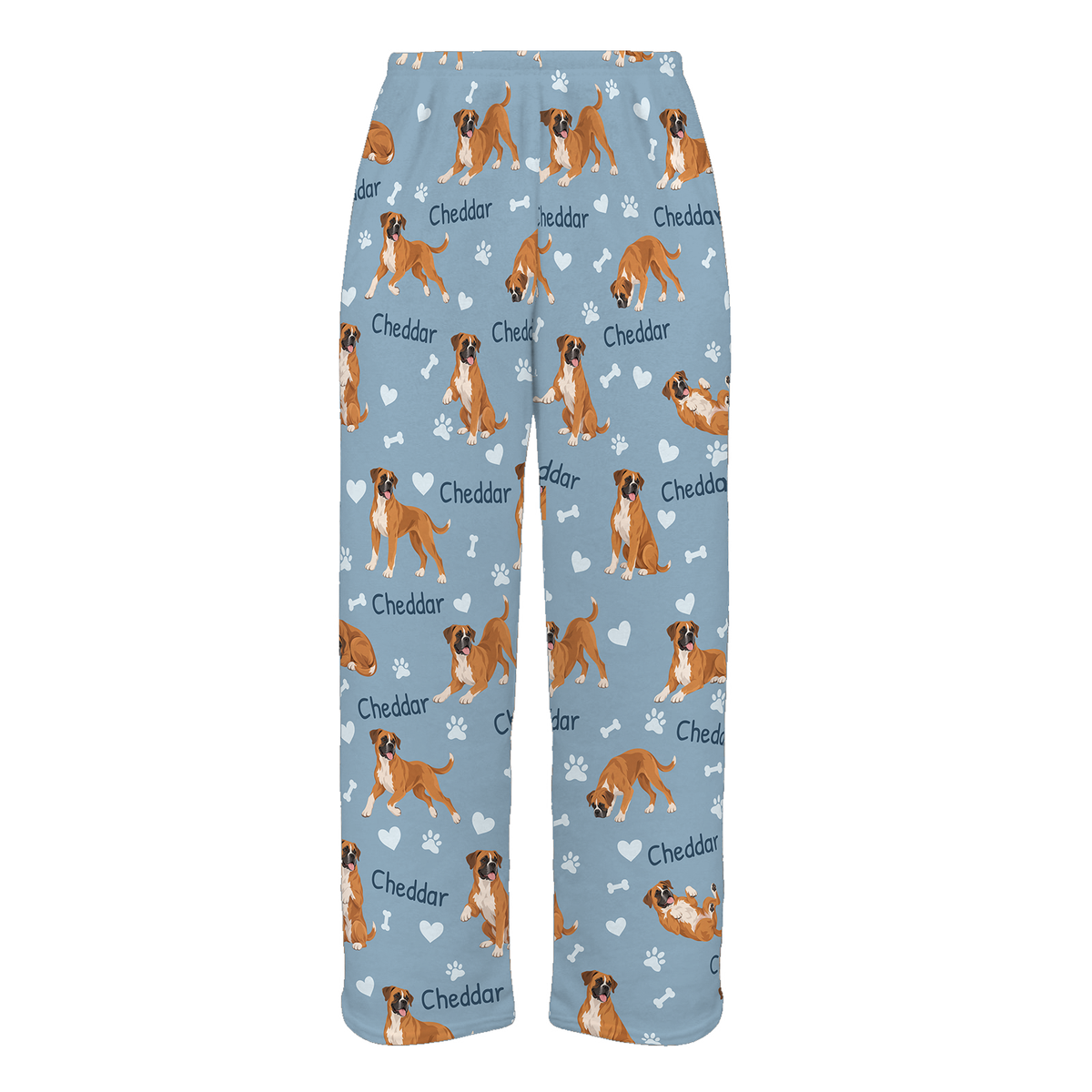 Personalized Boxer Pajama Pants, Custom Pet Name Fleece Trousers, Dog Lover Gift — 02 Dusty Blue — full-trouser view