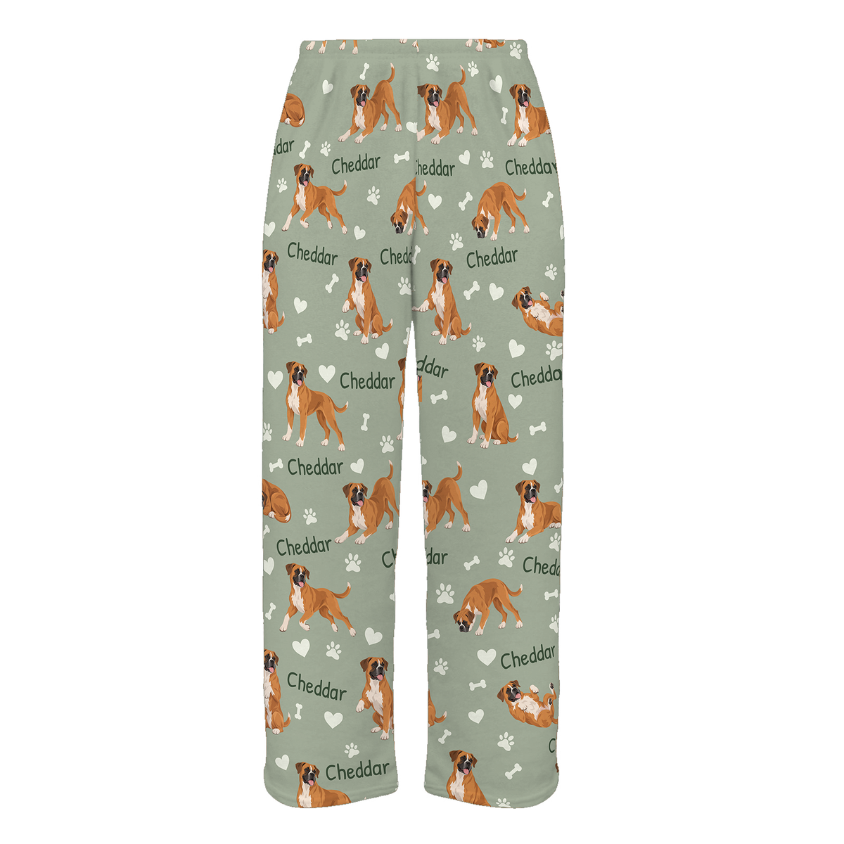 Personalized Boxer Pajama Pants, Custom Pet Name Fleece Trousers, Dog Lover Gift — 03 Soft Sage — full-trouser view